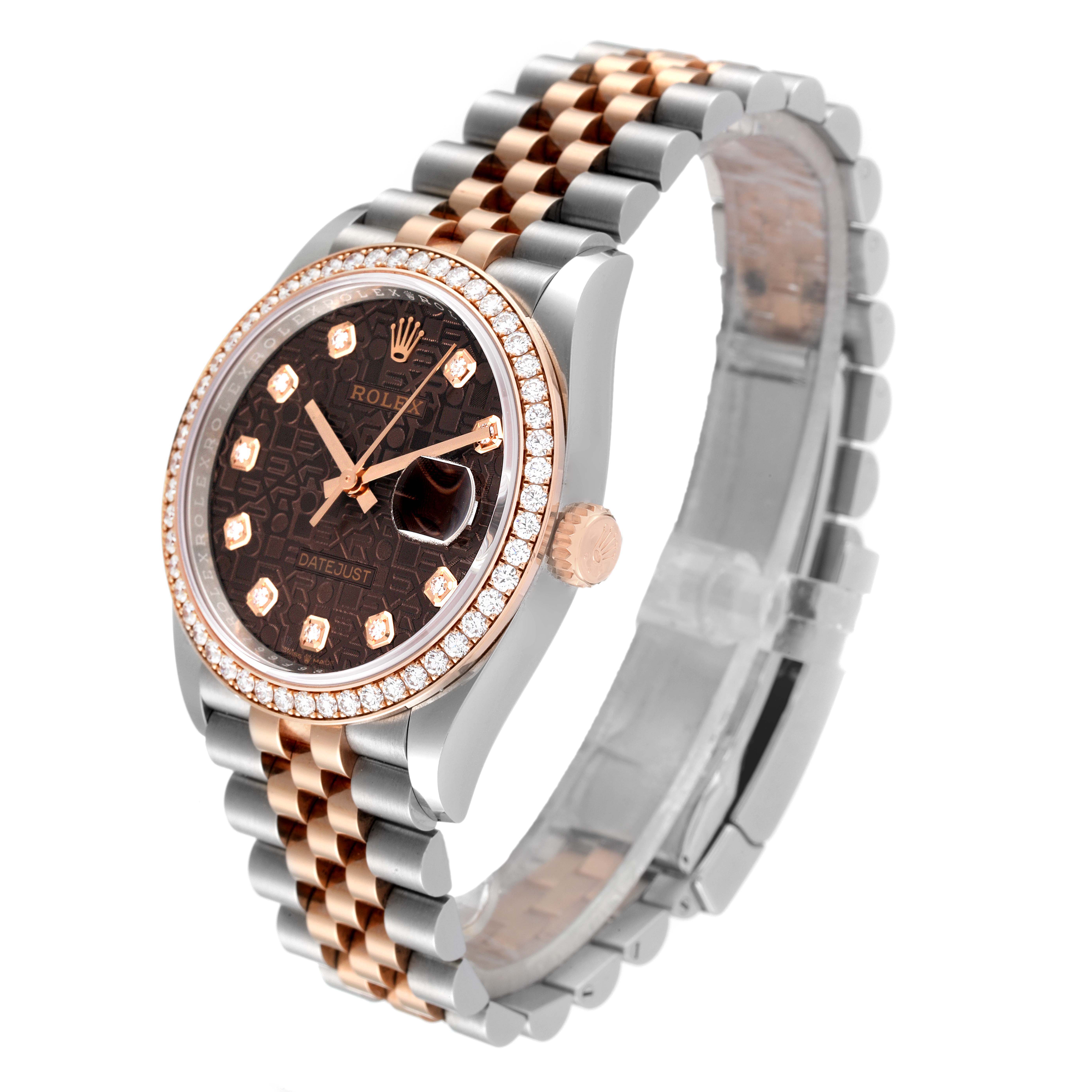 The Rolex Datejust 126281 Men's Steel and Gold (two tone) Brown Dial 126281 Men's Steel and Gold (two tone) Brown Dial watch is shown at a three-quarter angle, highlighting its dial, bezel, and two-tone bracelet.