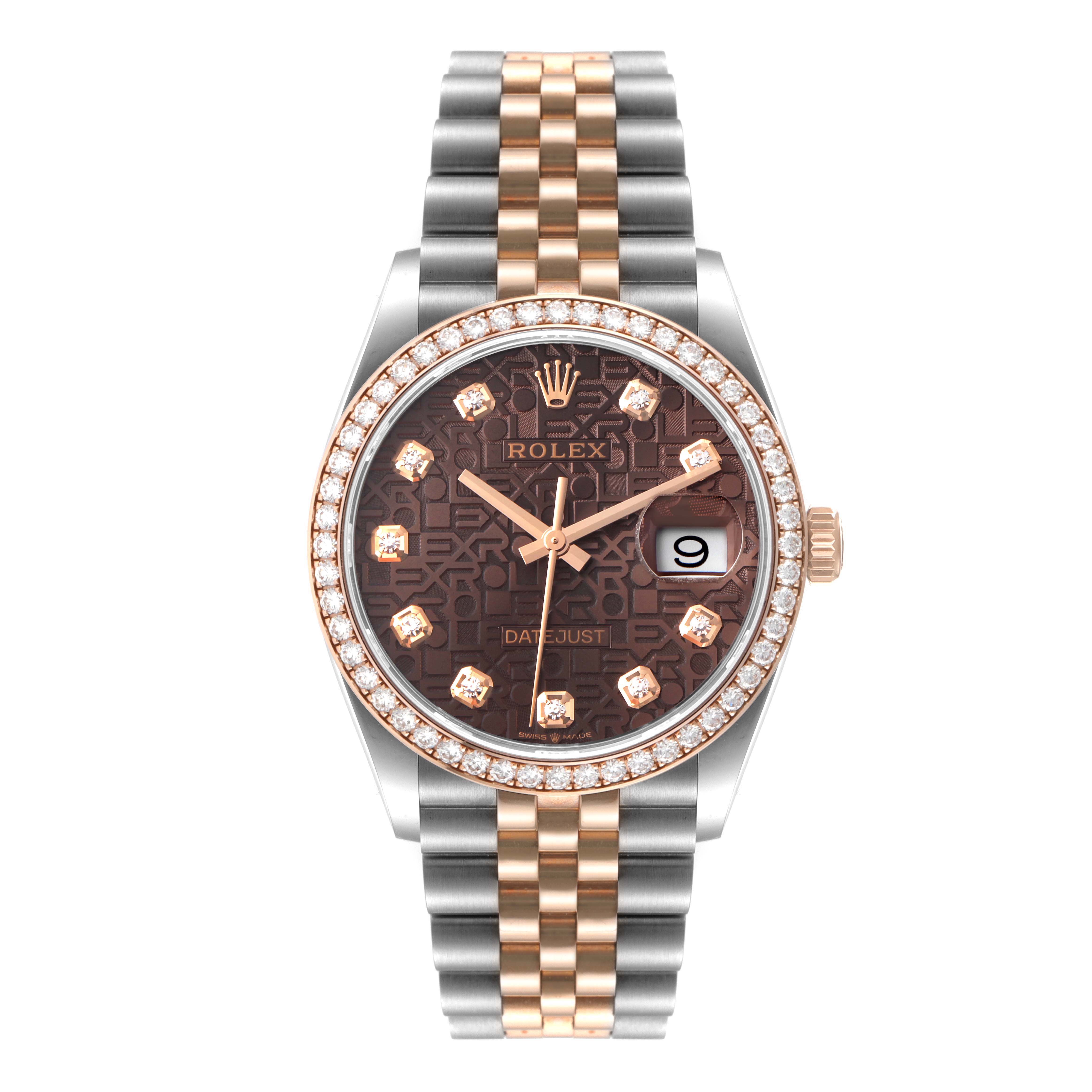 This image shows a front view of a Rolex Datejust 126281 Men's Steel and Gold (two tone) Brown Dial 126281 Men's Steel and Gold (two tone) Brown Dial watch with a brown dial, diamond markers, and a two-tone stainless steel and gold band.