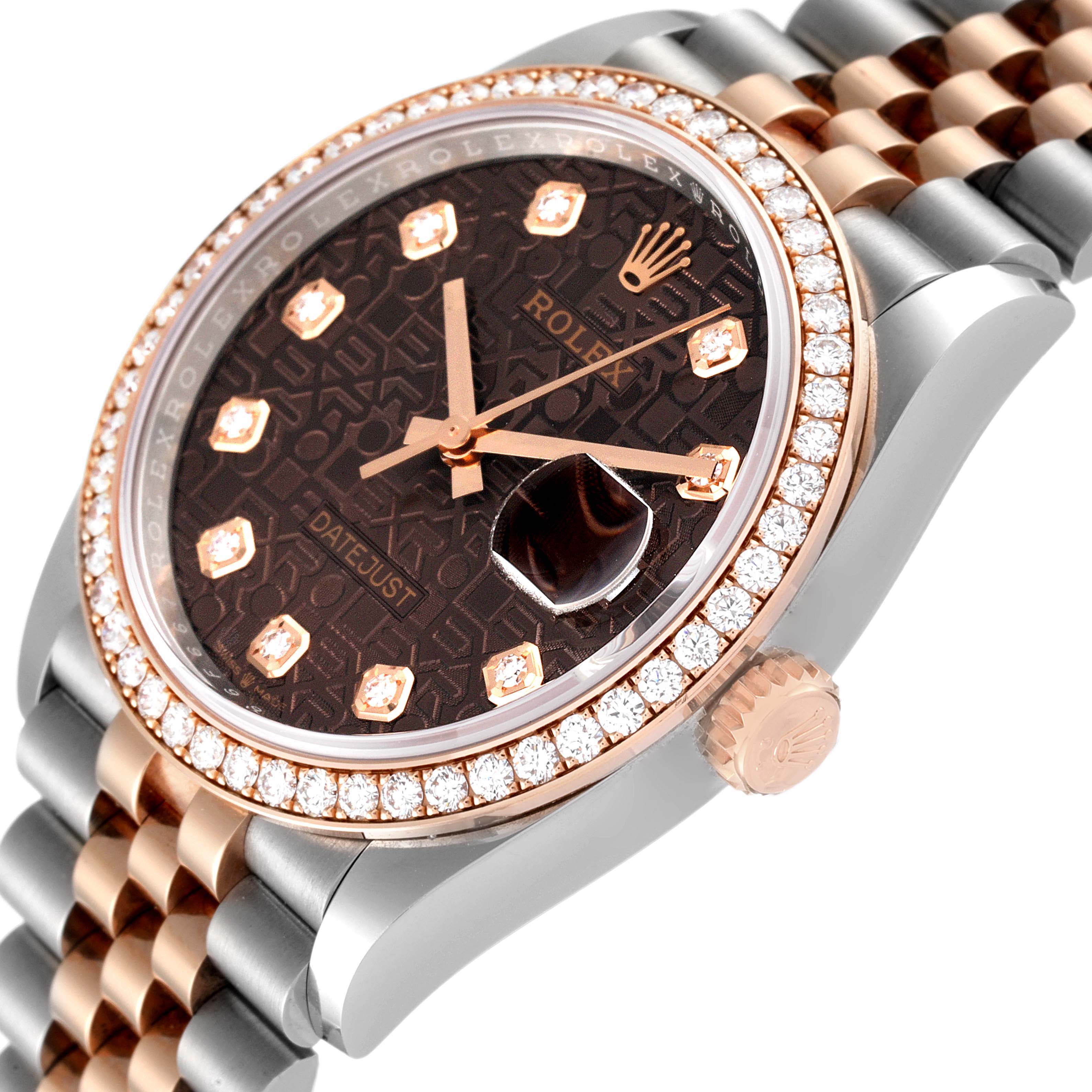 This image shows a Rolex Datejust 126281 Men's Steel and Gold (two tone) Brown Dial 126281 Men's Steel and Gold (two tone) Brown Dial watch angled to highlight its bezel, crown, dial, and part of the bracelet.