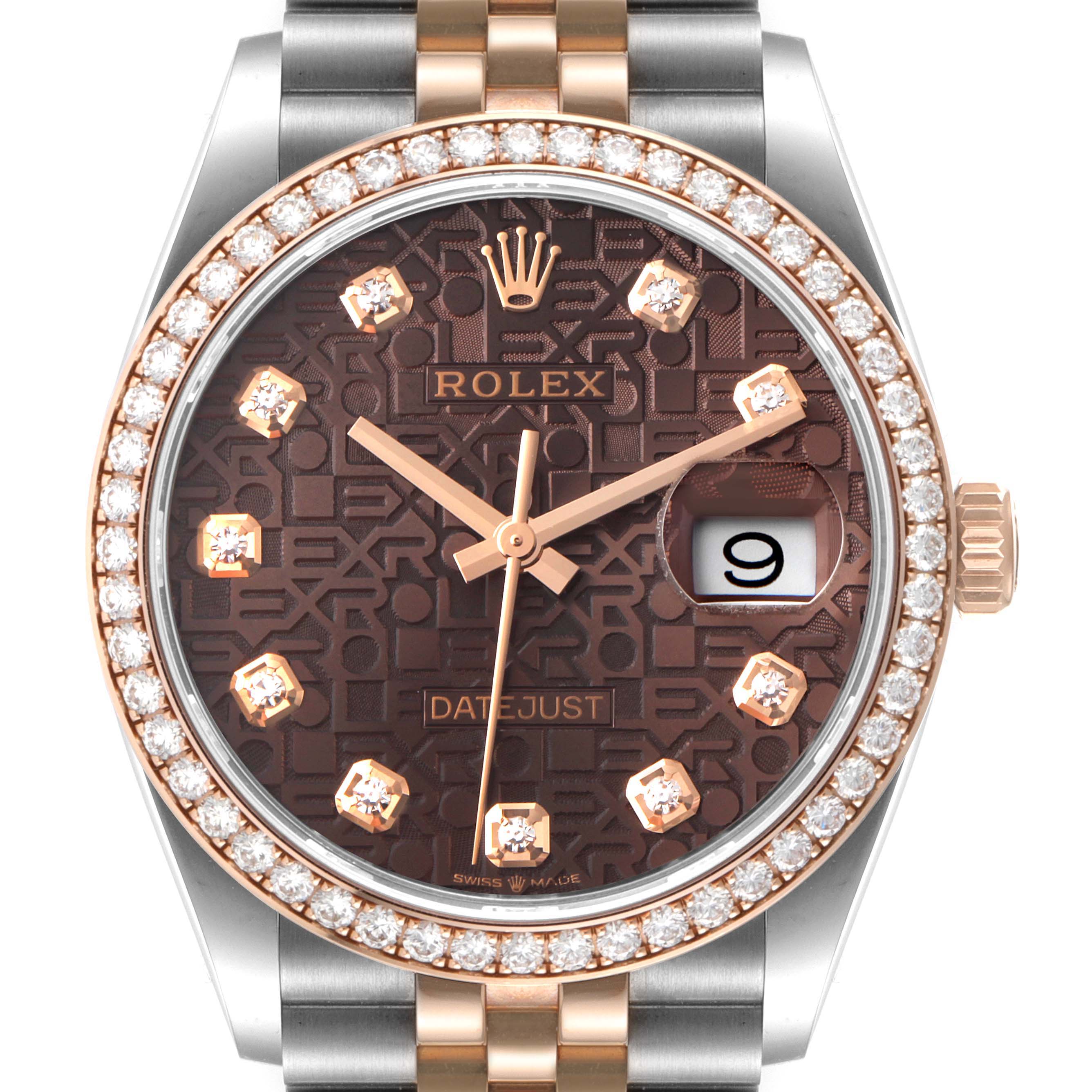 This is a frontal view of a Rolex Datejust 126281 Men's Steel and Gold (two tone) Brown Dial 126281 Men's Steel and Gold (two tone) Brown Dial watch, showcasing its dial, bezel, bracelet, and crown.