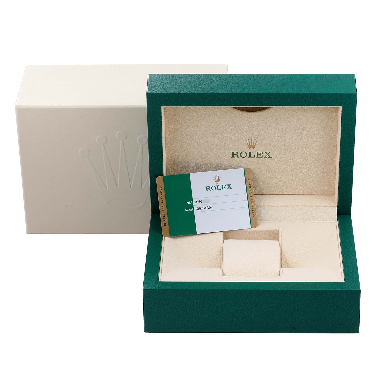 The image shows the open box and warranty card for a Rolex Datejust 126281 Men's Steel and Gold (two tone) Brown Dial 126281 Men's Steel and Gold (two tone) Brown Dial model watch.