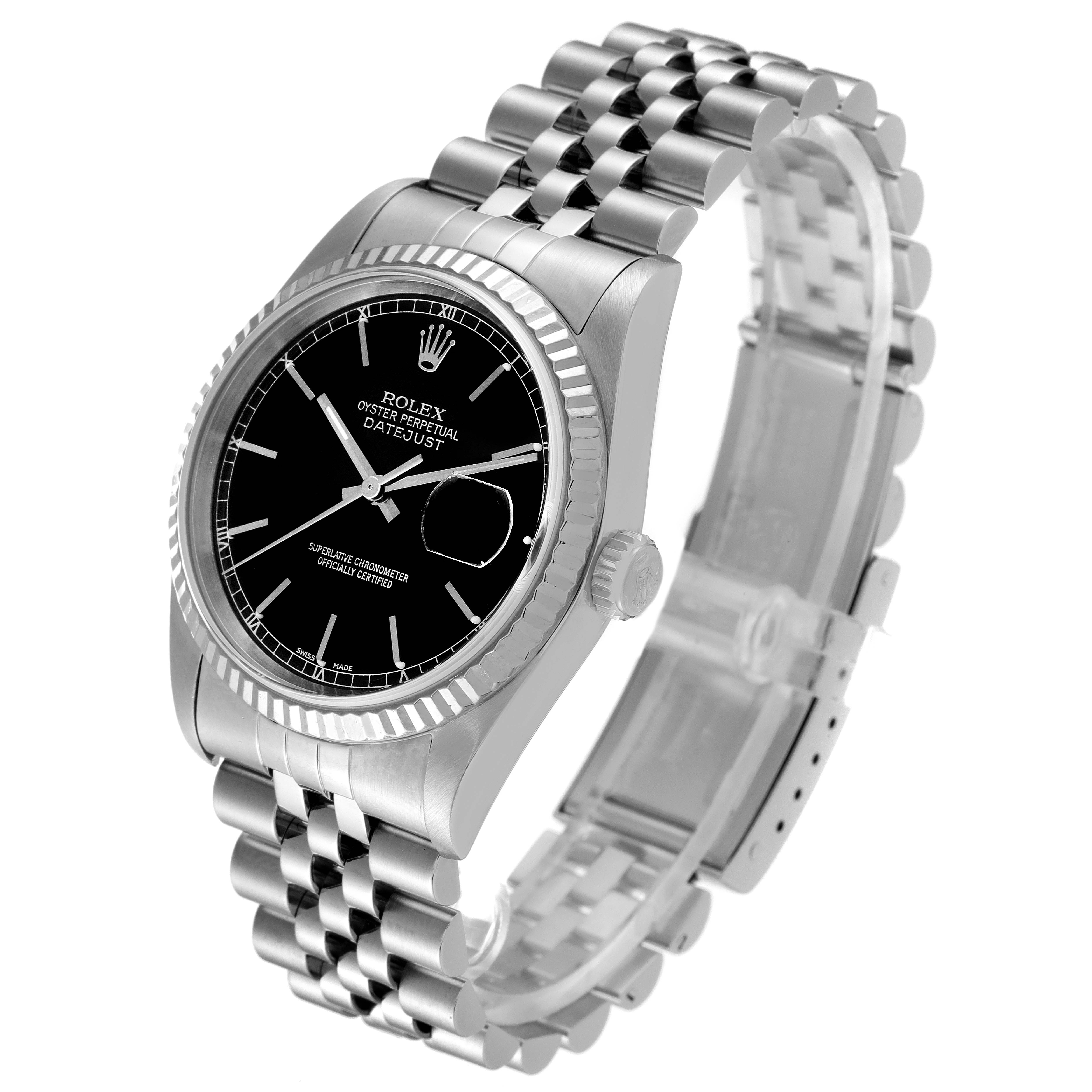 This image shows a Rolex Datejust 16234 Men
s Stainless Steel Black Dial 16234 Men
s Stainless Steel Black Dial watch at a three-quarter angle, highlighting its face, bracelet, and some of the crown.