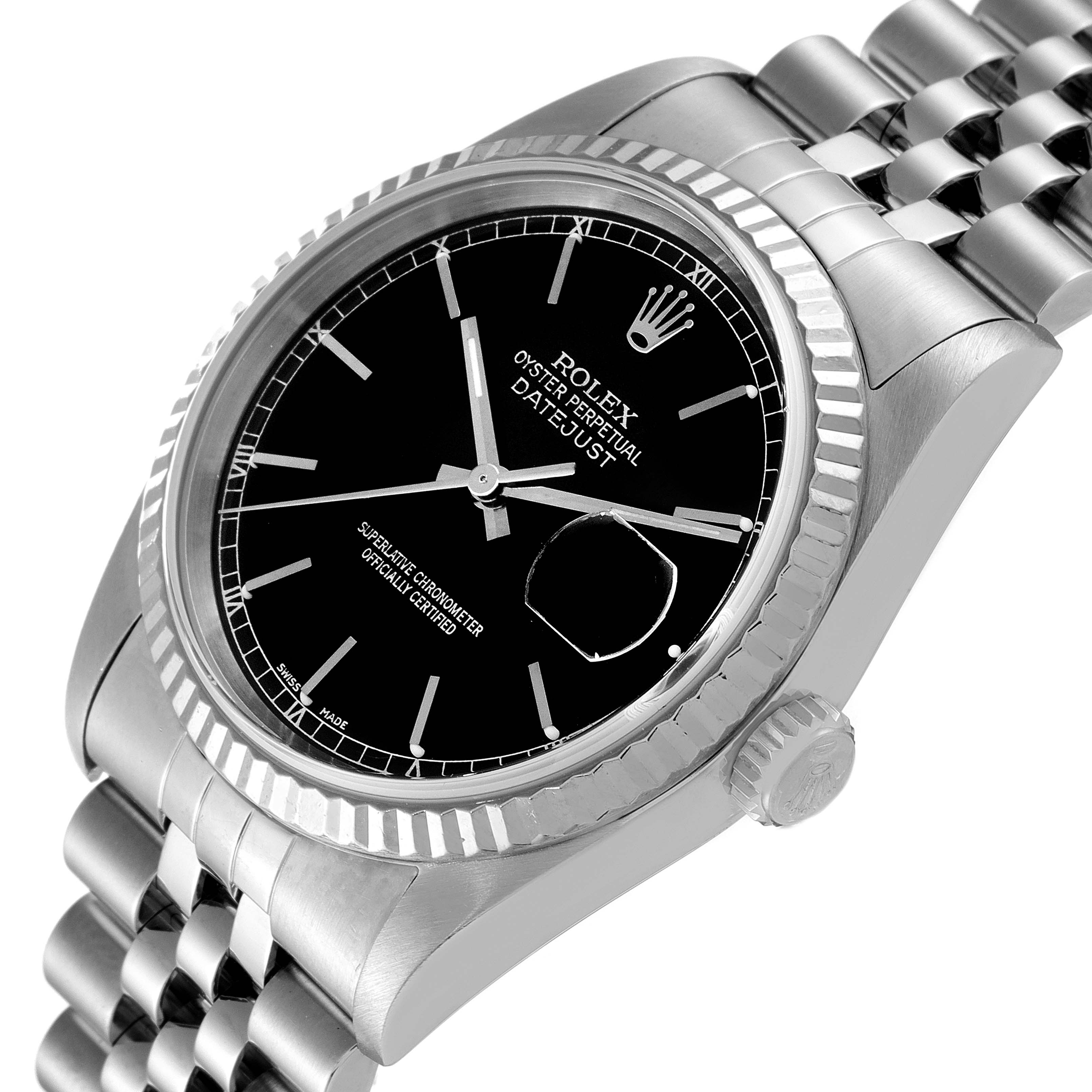 The image shows a close-up angled view of the Rolex Datejust 16234 Men
s Stainless Steel Black Dial 16234 Men
s Stainless Steel Black Dial model, focusing on the black dial, bezel, crown, and part of the bracelet.