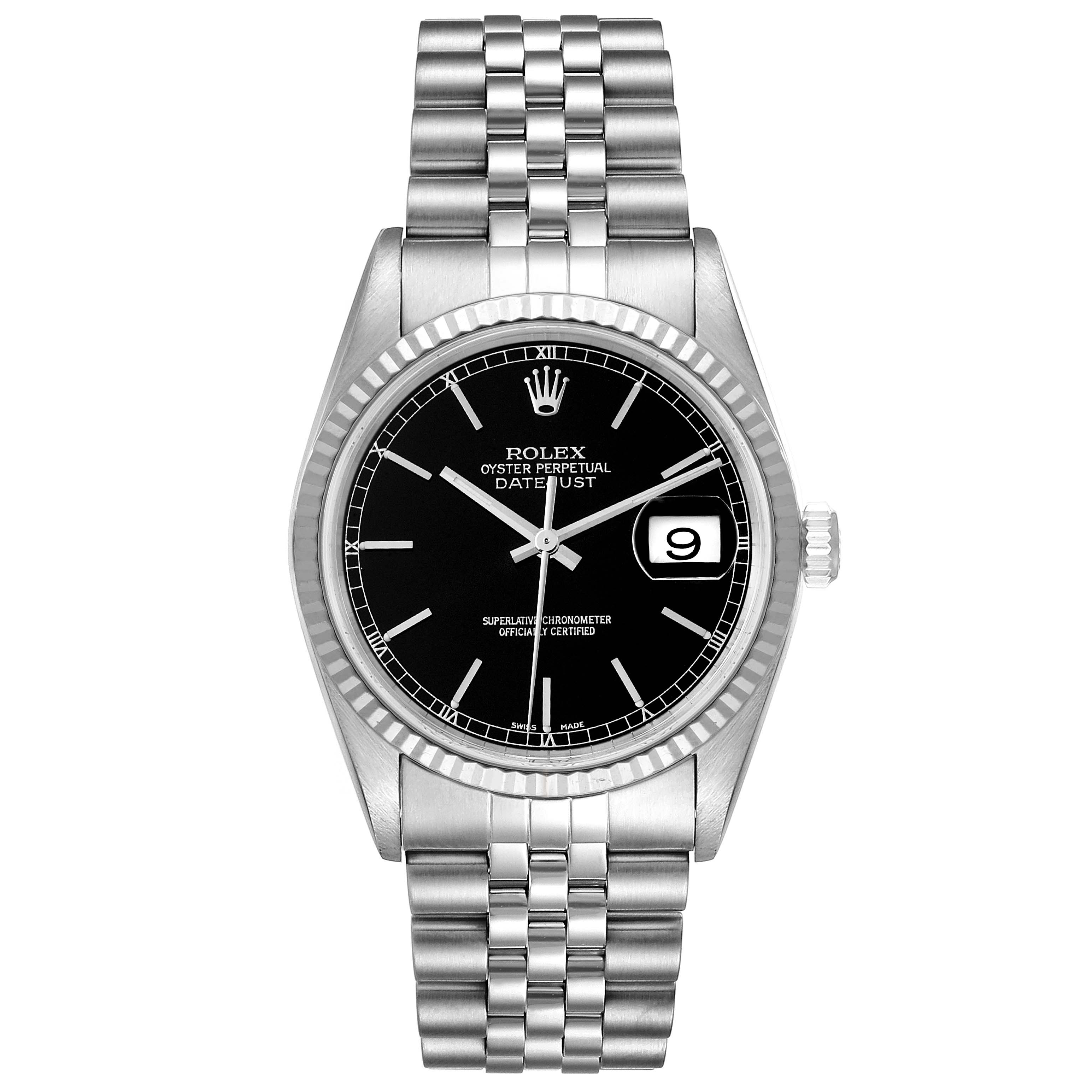 The Rolex Datejust 16234 Men
s Stainless Steel Black Dial 16234 Men
s Stainless Steel Black Dial watch is shown from a top-down angle, displaying the dial, fluted bezel, and jubilee bracelet.