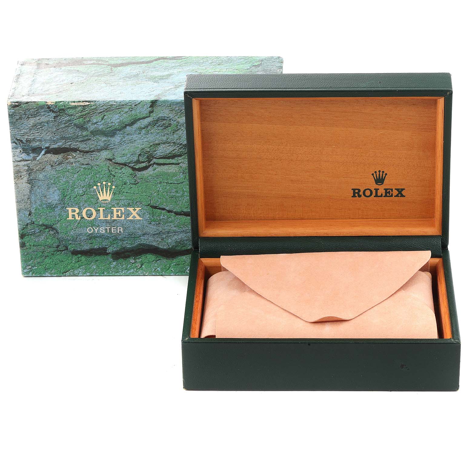 This image shows the open box and outer packaging for a Rolex Datejust 16234 Men
s Stainless Steel Black Dial 16234 Men
s Stainless Steel Black Dial watch, displaying the interior of the box and a pouch.