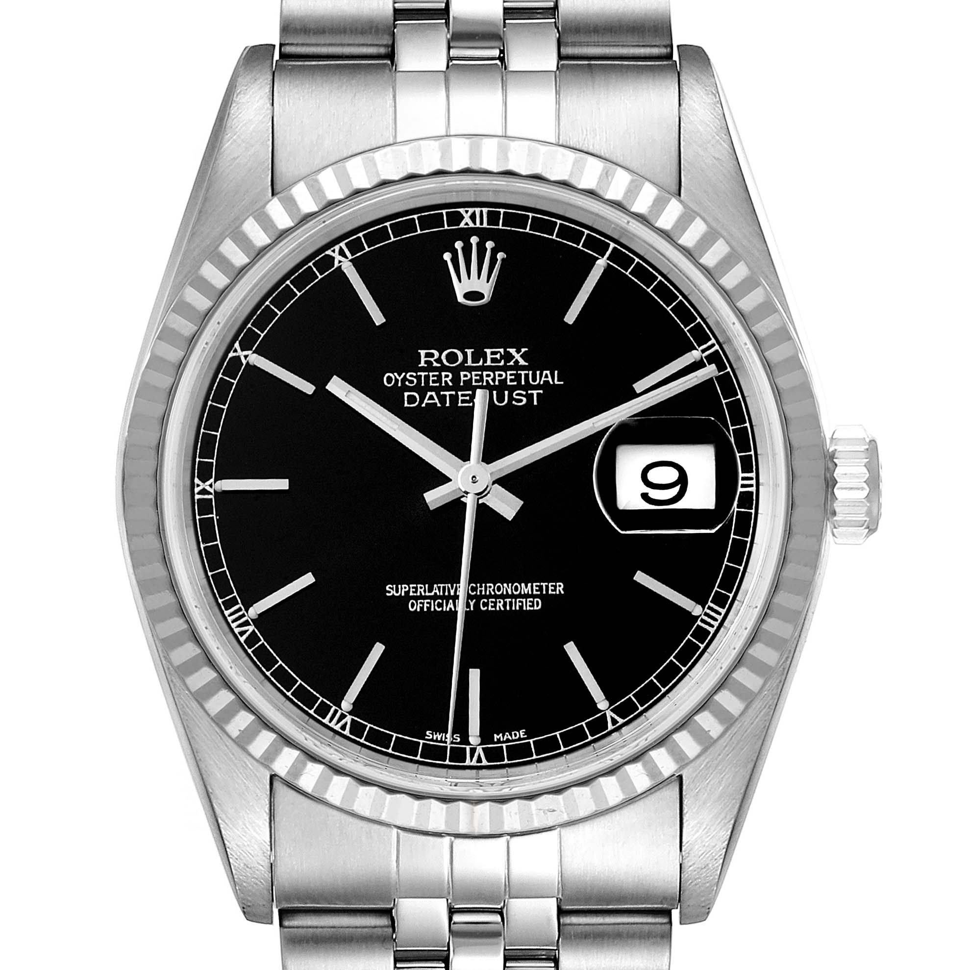 This image shows the front view of a Rolex Datejust 16234 Men
s Stainless Steel Black Dial 16234 Men
s Stainless Steel Black Dial watch, featuring its dial, bezel, crown, and bracelet.