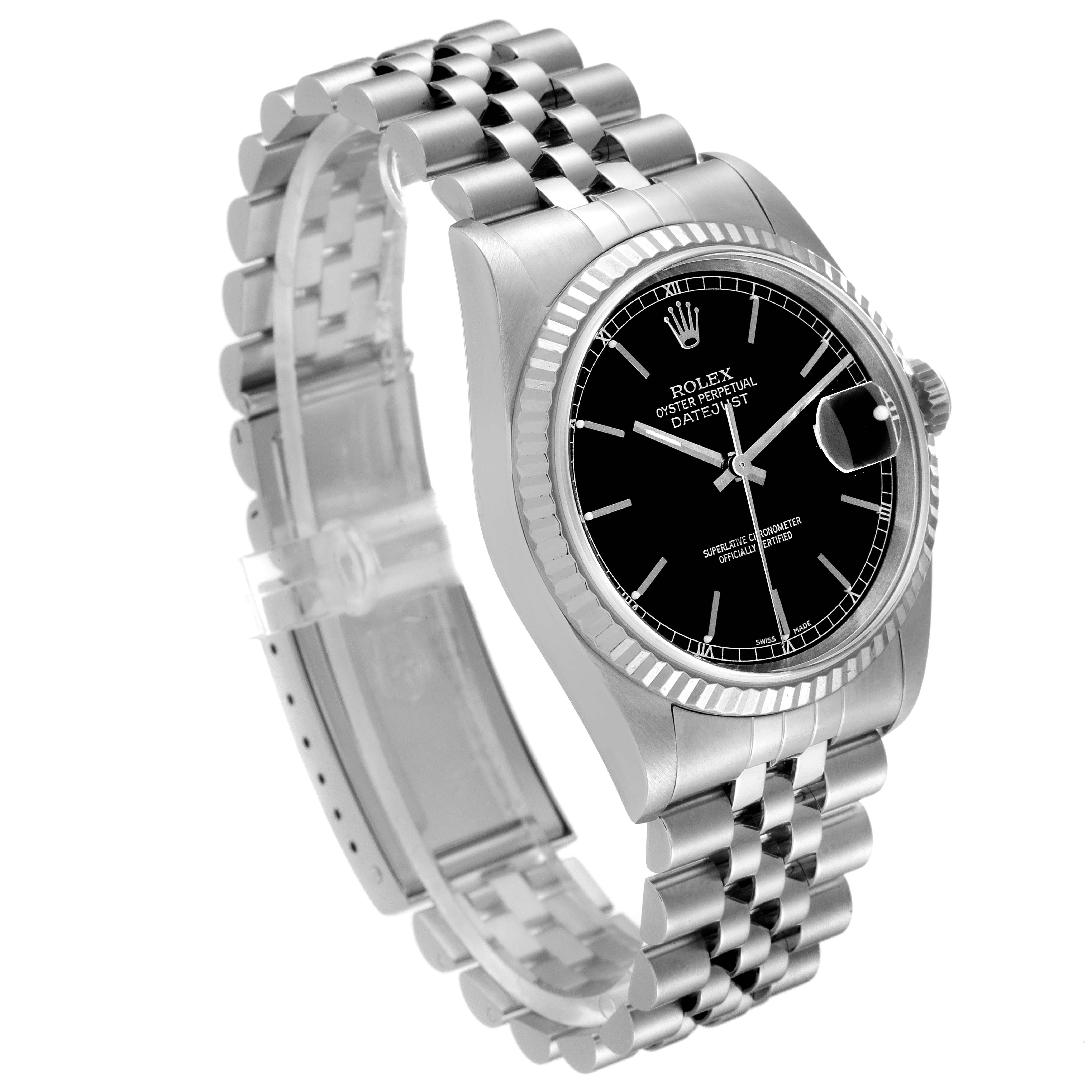 The Rolex Datejust 16234 Men
s Stainless Steel Black Dial 16234 Men
s Stainless Steel Black Dial watch is shown at a tilted angle, highlighting the black dial, fluted bezel, and Jubilee bracelet.
