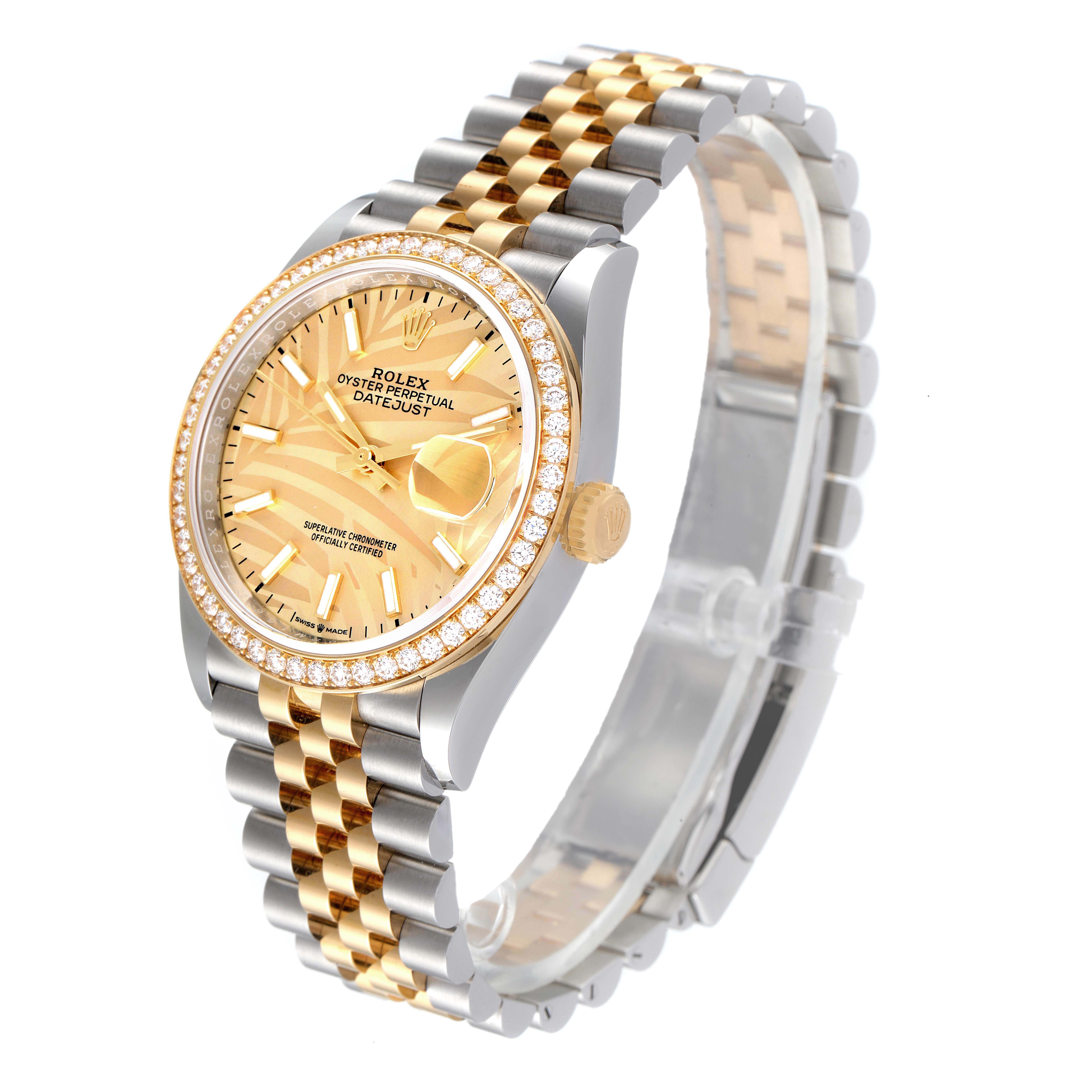 This image shows a Rolex Datejust 126283 Men's Steel and Gold (two tone) Champagne Dial 126283 Men's Steel and Gold (two tone) Champagne Dial watch at a three-quarter angle, highlighting its gold and silver bracelet, bezel, and dial.