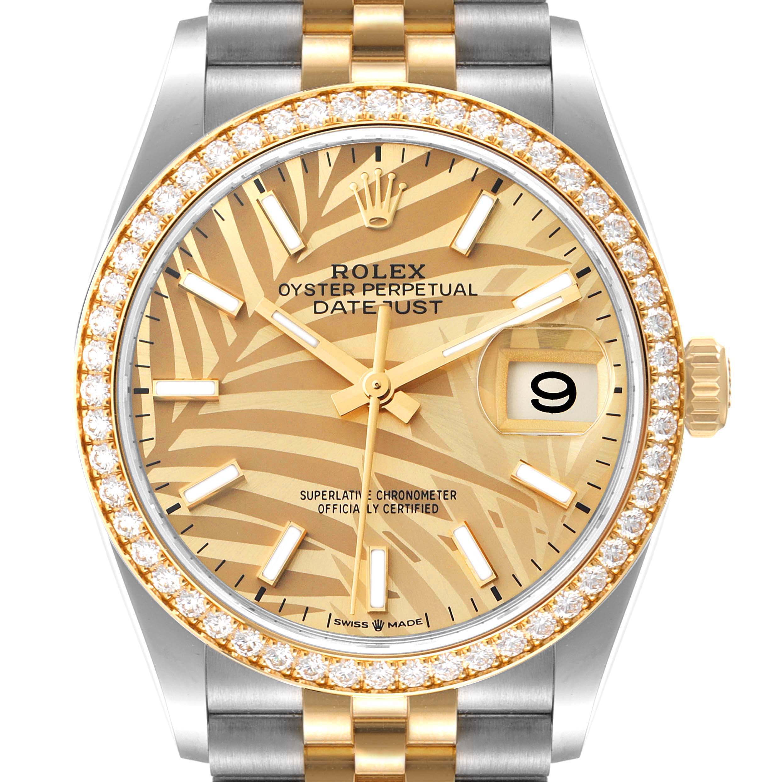 This image shows a Rolex Datejust 126283 Men's Steel and Gold (two tone) Champagne Dial 126283 Men's Steel and Gold (two tone) Champagne Dial model watch from a front angle, featuring a gold and diamond bezel and a patterned dial.