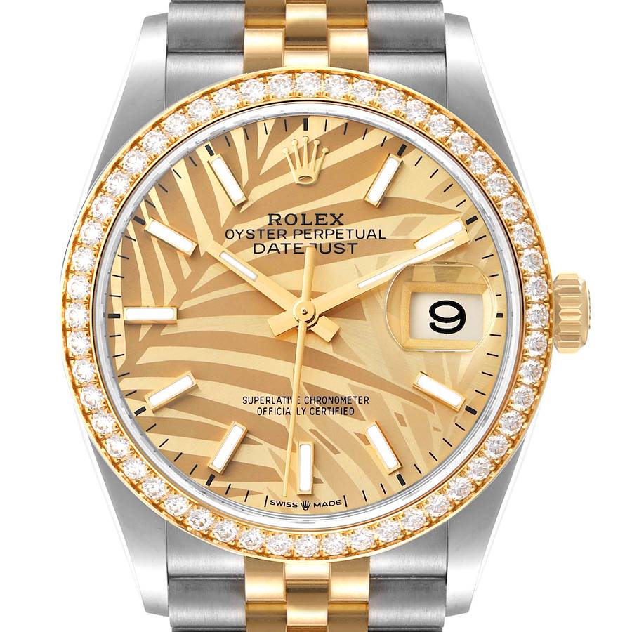 Rolex Datejust Steel Yellow Gold Palm Dial Diamond Mens Watch 126283 Unworn SwissWatchExpo