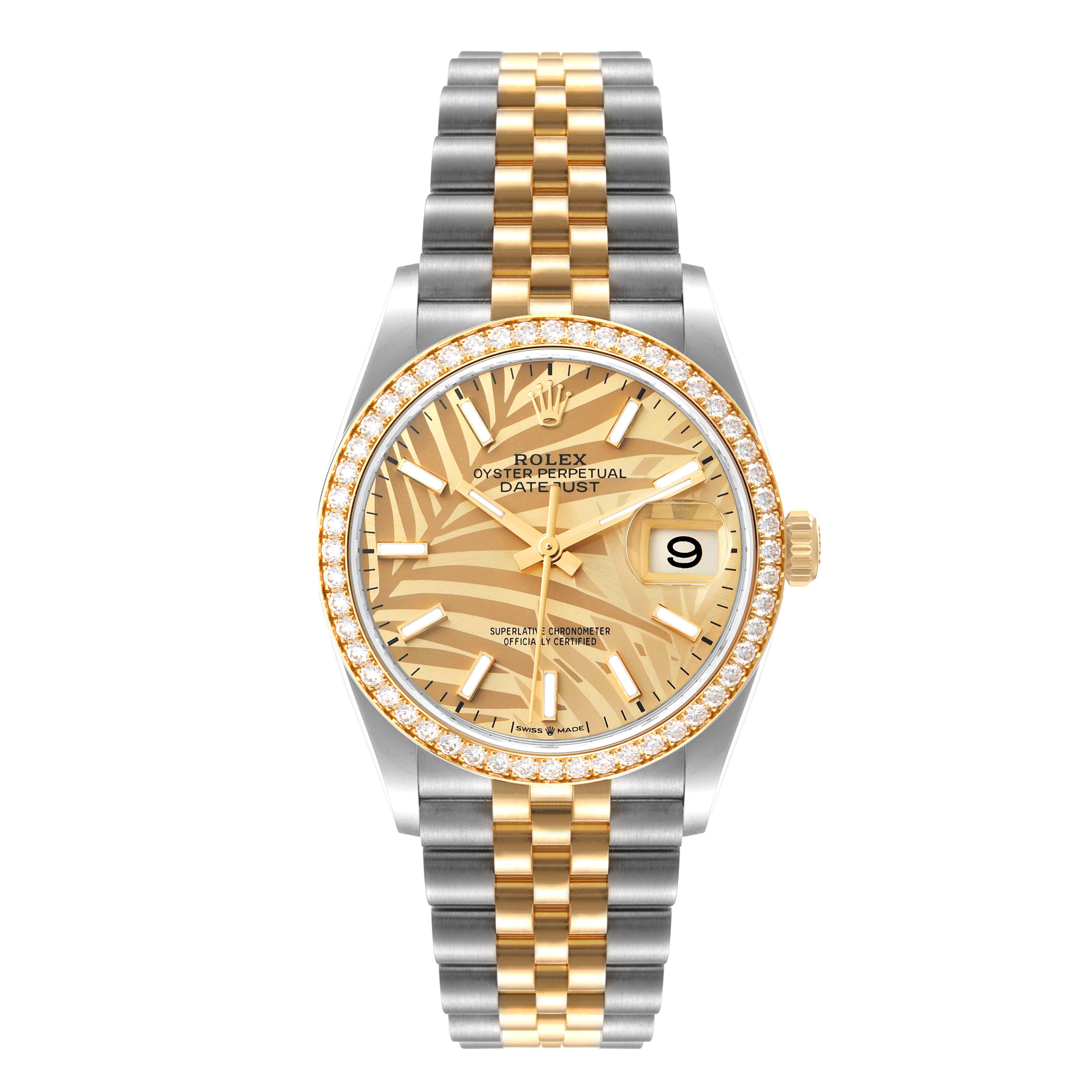 This image shows a Rolex Datejust 126283 Men's Steel and Gold (two tone) Champagne Dial 126283 Men's Steel and Gold (two tone) Champagne Dial watch from a front angle, highlighting its dial, bezel, and bracelet.