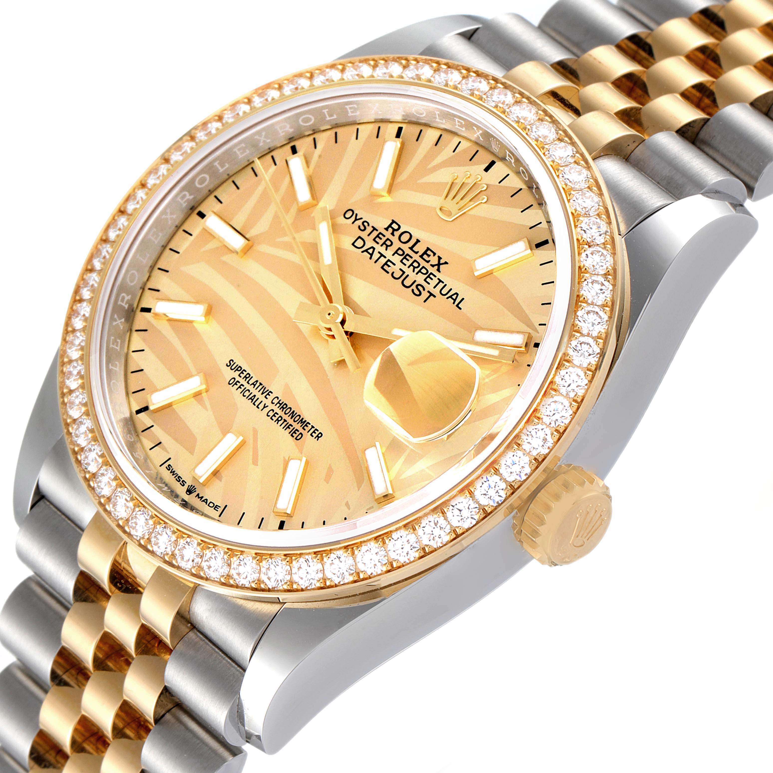 The image shows a close-up, angled view of a Rolex Datejust 126283 Men's Steel and Gold (two tone) Champagne Dial 126283 Men's Steel and Gold (two tone) Champagne Dial watch featuring its golden face, bezel with diamonds, and two-tone bracelet.