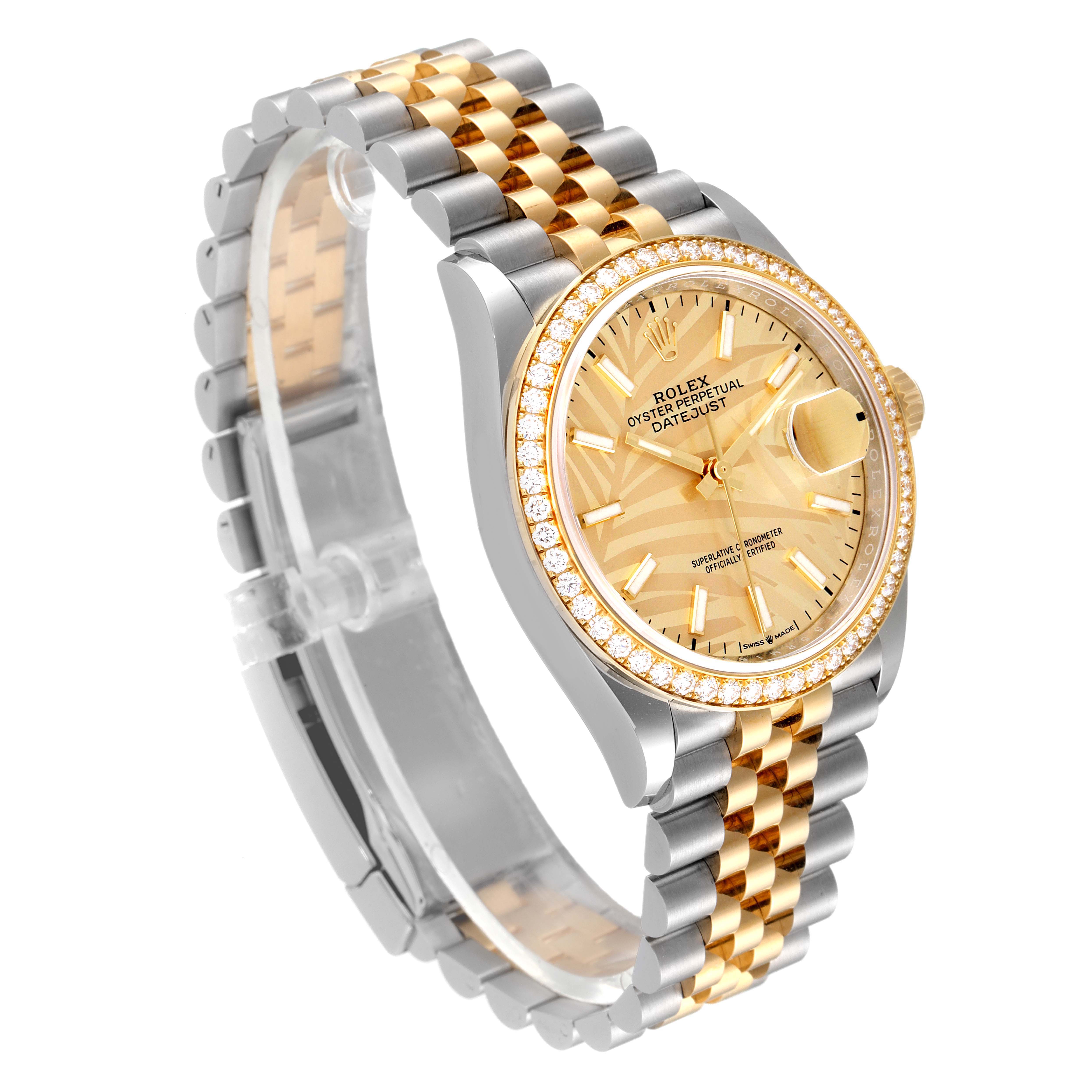 This image shows a side angle of a Rolex Datejust 126283 Men's Steel and Gold (two tone) Champagne Dial 126283 Men's Steel and Gold (two tone) Champagne Dial watch, highlighting its two-tone bracelet and diamond bezel.