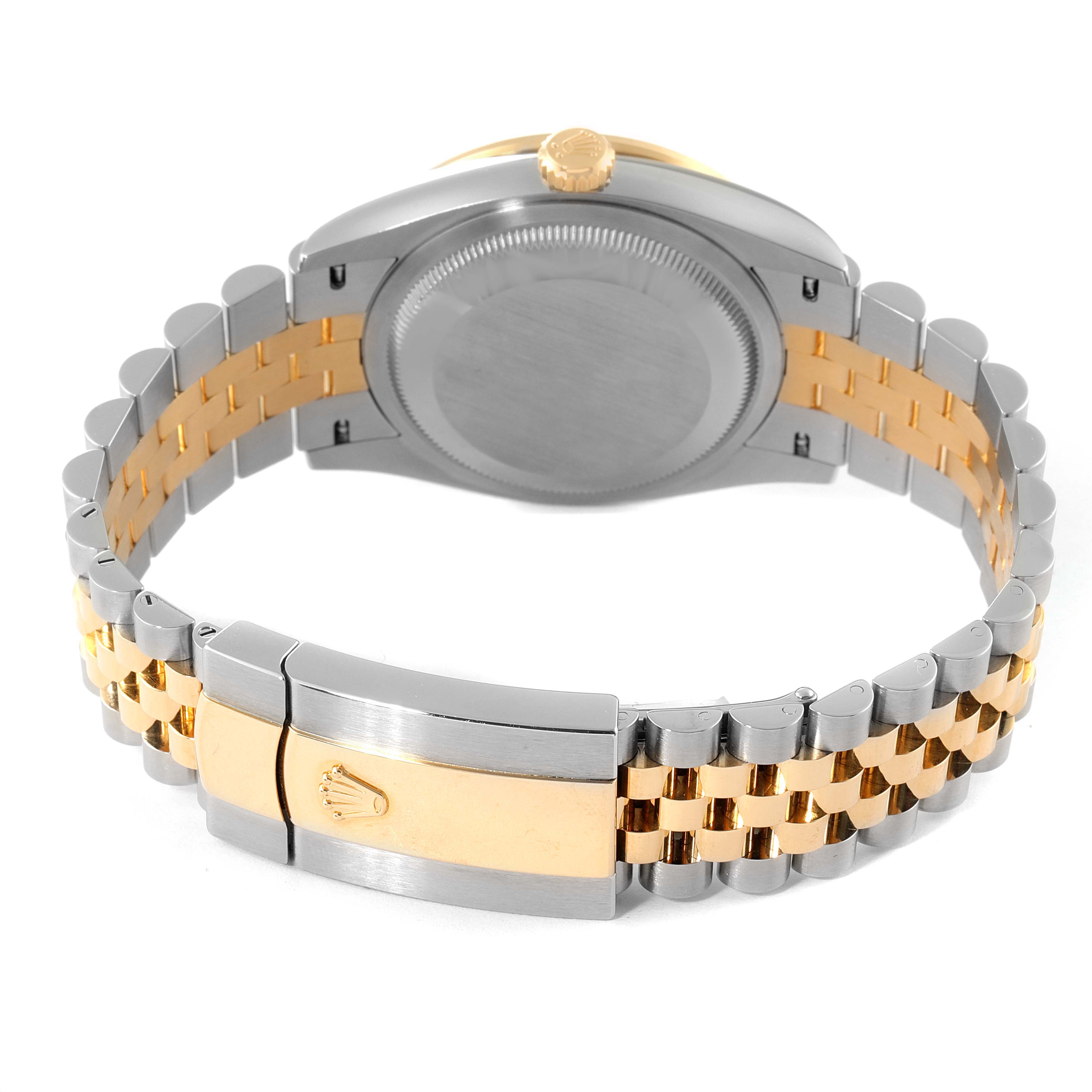 This image shows the back view of a Rolex Datejust 126283 Men's Steel and Gold (two tone) Champagne Dial 126283 Men's Steel and Gold (two tone) Champagne Dial, highlighting its Jubilee bracelet and clasp.