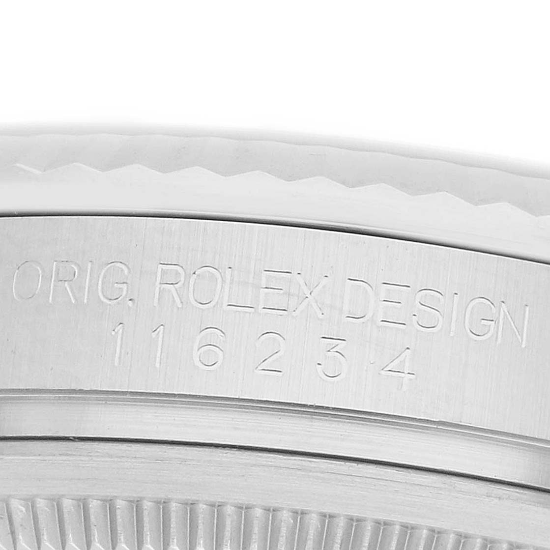 The image shows a close-up of the case edge of a Rolex Datejust 116234 Men's Stainless Steel White Dial, highlighting the engraved serial and model numbers.