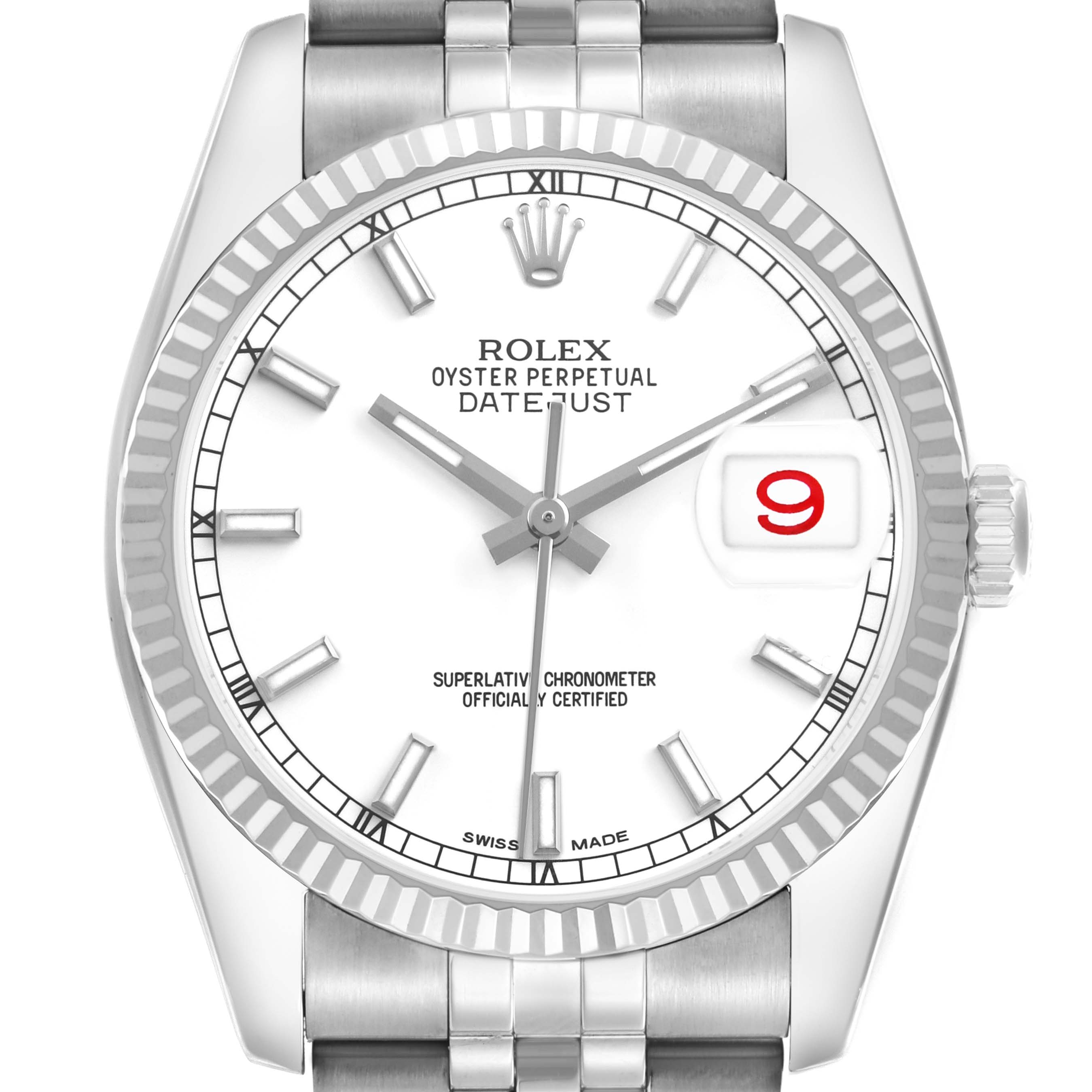 The Rolex Datejust 116234 Men's Stainless Steel White Dial watch is shown from a front angle, highlighting the dial, bezel, and bracelet.