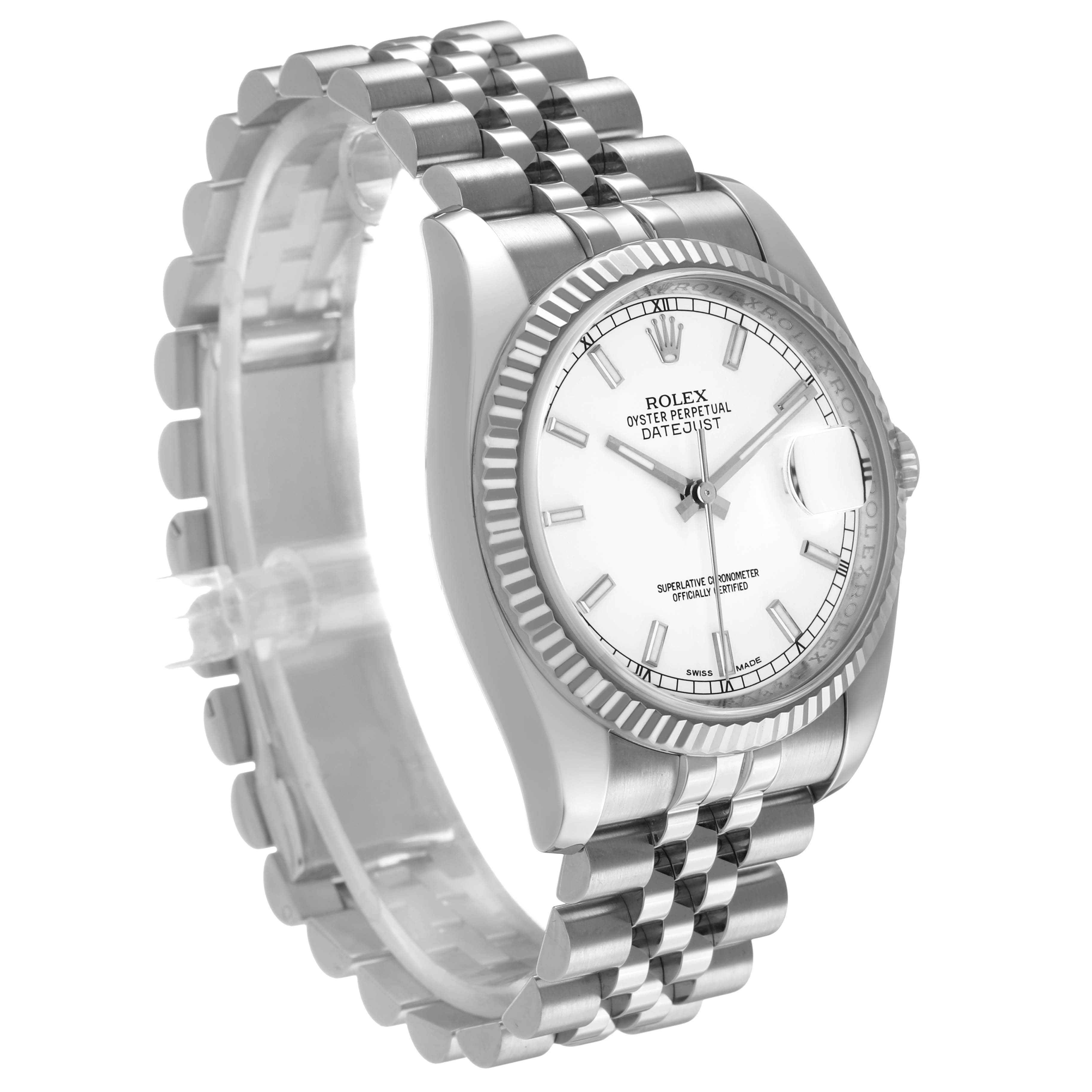 The Rolex Datejust 116234 Men's Stainless Steel White Dial watch is shown at a slightly angled side view, displaying the face, bezel, and bracelet.