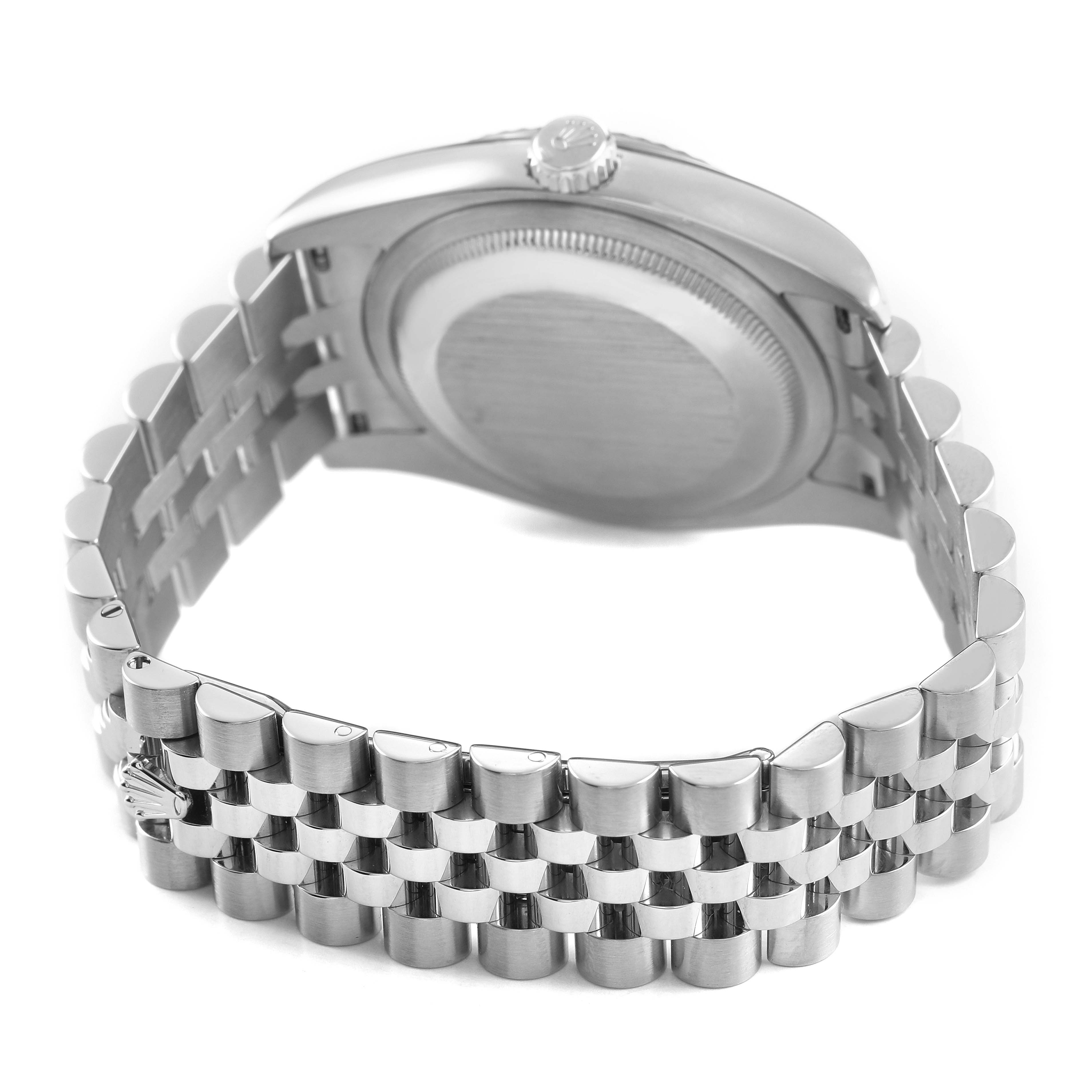 The image shows the back and bracelet of a Rolex Datejust 116234 Men's Stainless Steel White Dial, focusing on the clasp and the rear case.