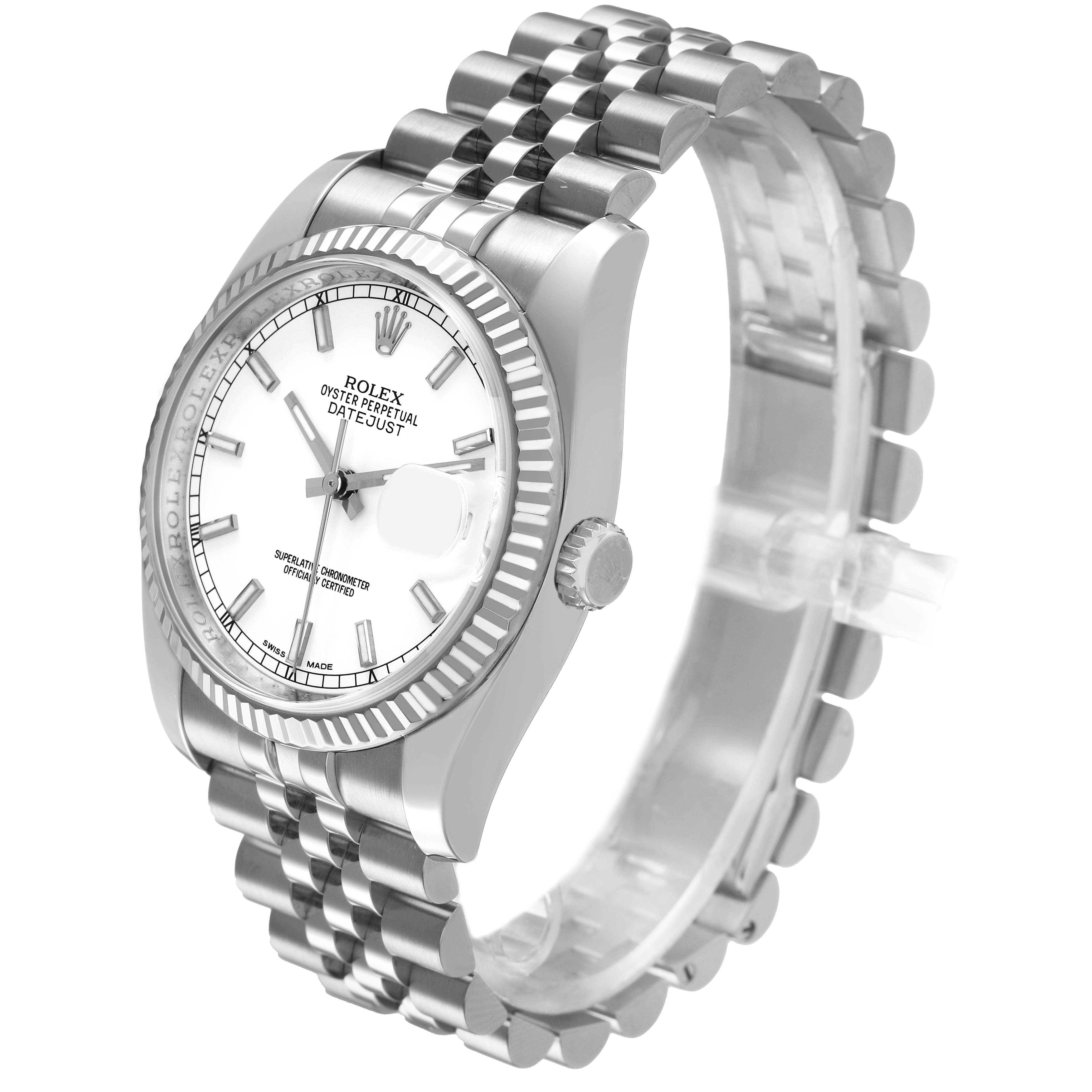 The Rolex Datejust 116234 Men's Stainless Steel White Dial watch is shown at a three-quarter angle, displaying its bezel, dial, bracelet, and crown.