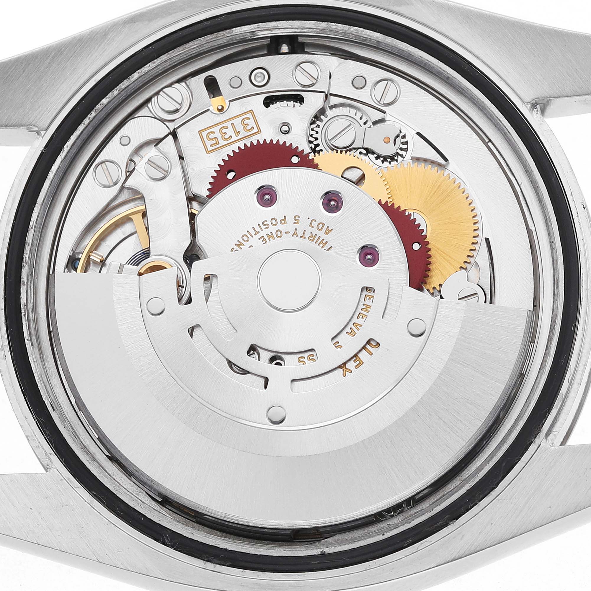 This image shows the Rolex Datejust 116234 Men's Stainless Steel White Dial movement from the back, displaying gears, rotor, and intricate mechanical parts.