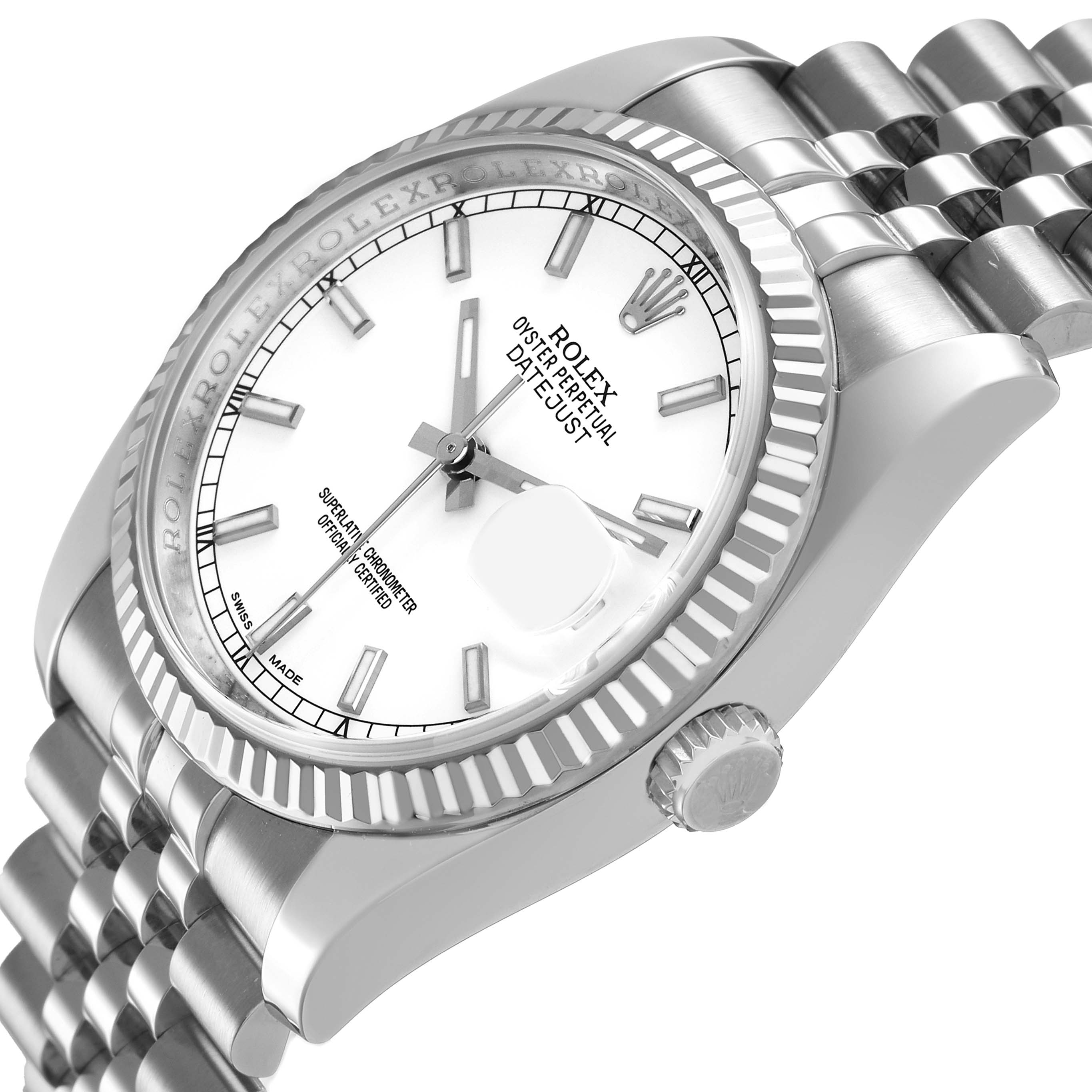 The Rolex Datejust 116234 Men's Stainless Steel White Dial watch is shown at an angled side view, highlighting the dial, fluted bezel, crown, and bracelet.