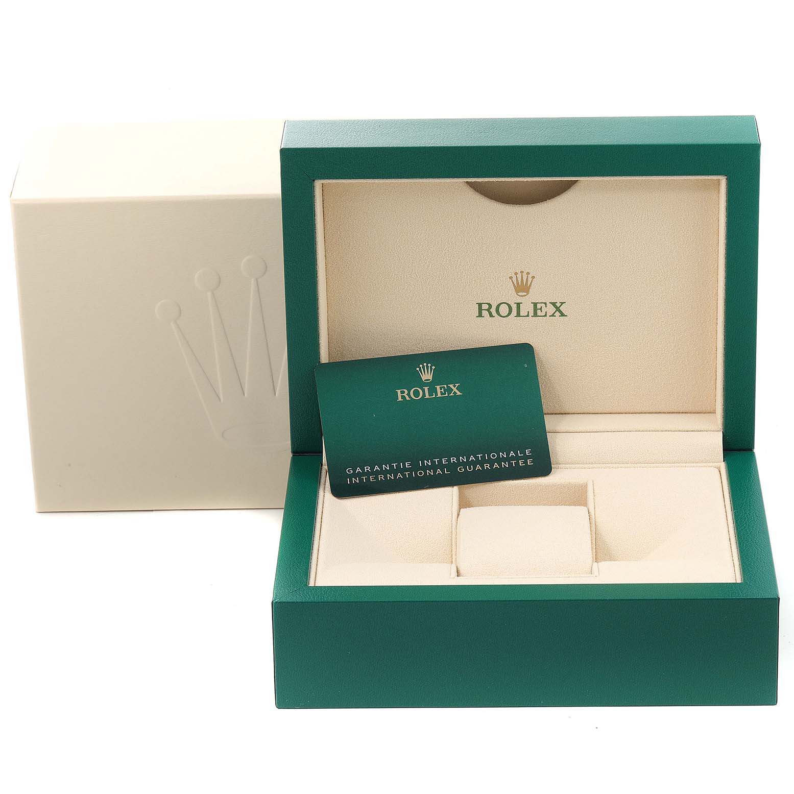 The image shows the packaging and guarantee card for a Rolex Datejust 41 126334 Men
s Stainless Steel Black Dial 126334 Men
s Stainless Steel Black Dial model, along with its branded box and cushion.