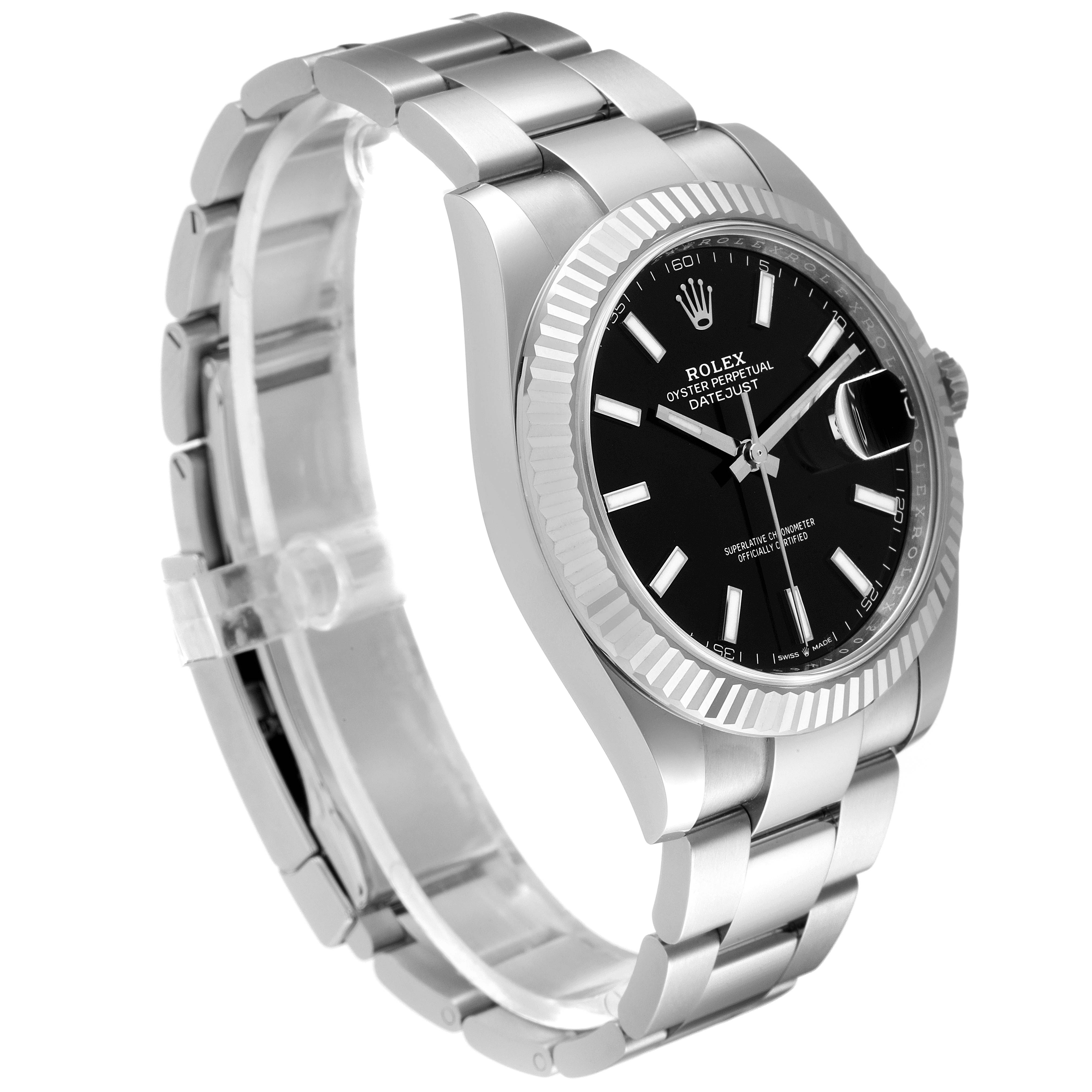 The image shows a Rolex Datejust 41 126334 Men
s Stainless Steel Black Dial 126334 Men
s Stainless Steel Black Dial watch at an angle showcasing its face, bracelet, and fluted bezel.