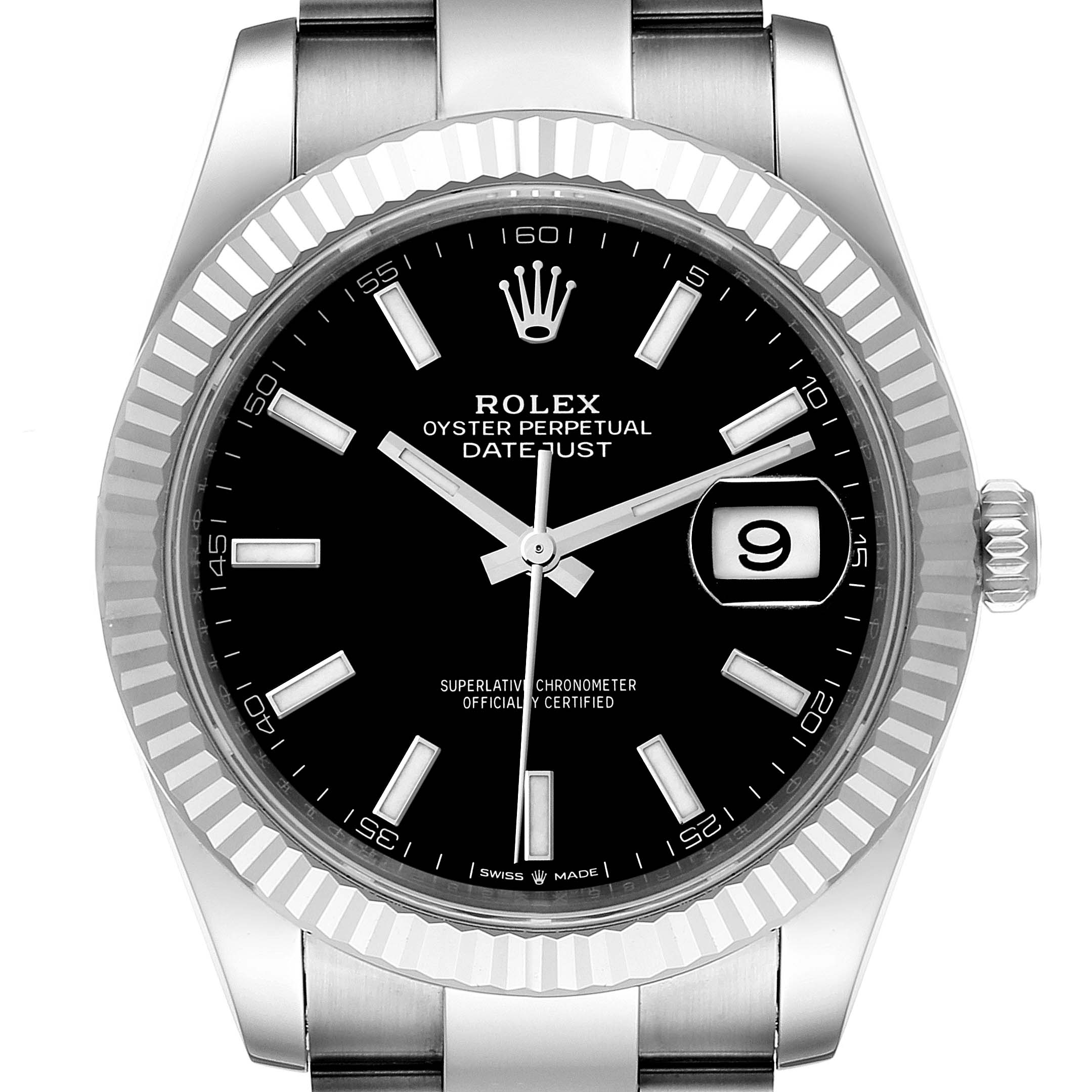 The image shows a front view of a Rolex Datejust 41 126334 Men
s Stainless Steel Black Dial 126334 Men
s Stainless Steel Black Dial watch, highlighting its black dial, date display, and fluted bezel.