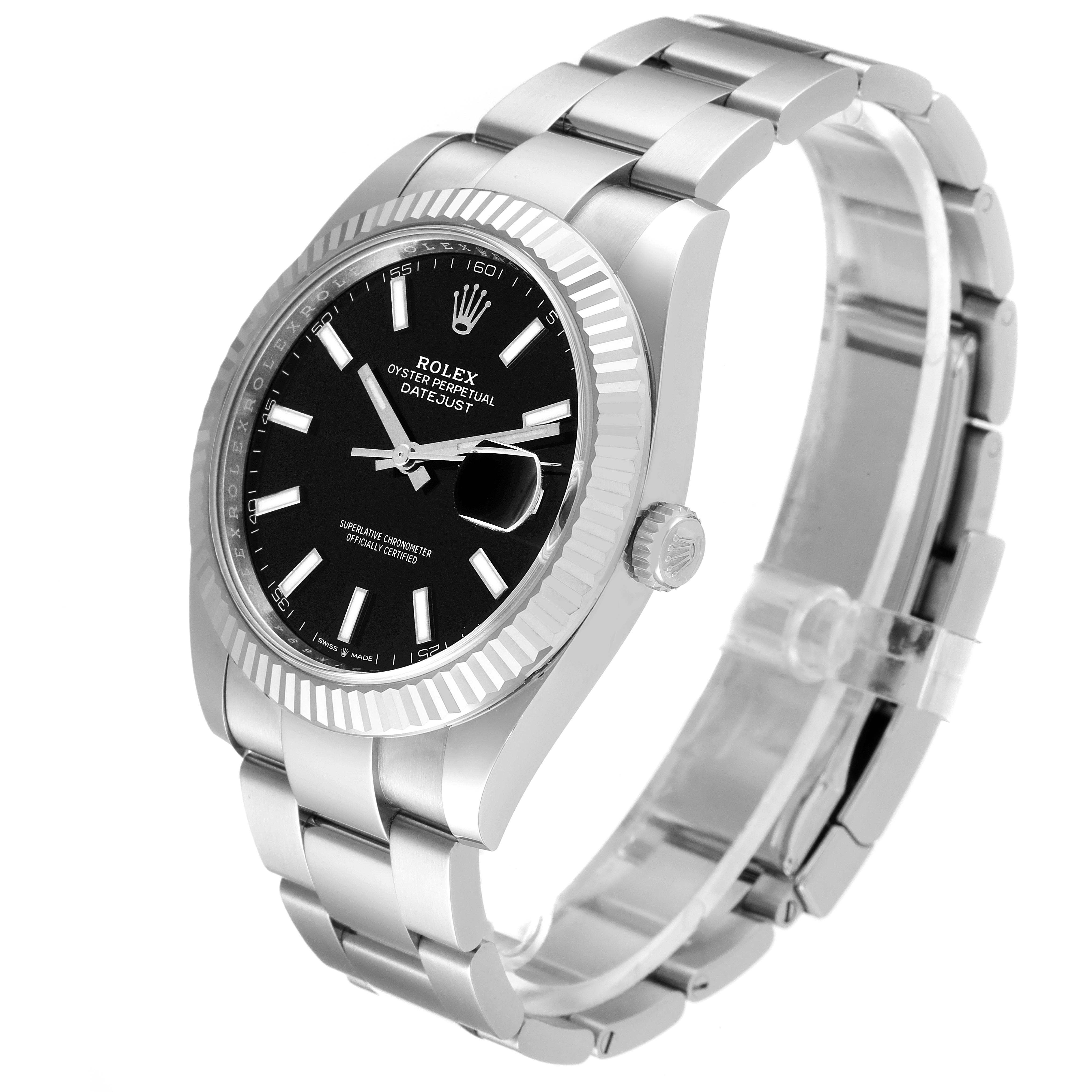 This image shows a Rolex Datejust 41 126334 Men
s Stainless Steel Black Dial 126334 Men
s Stainless Steel Black Dial watch from a front-right angle, highlighting the black dial, fluted bezel, and metal bracelet.