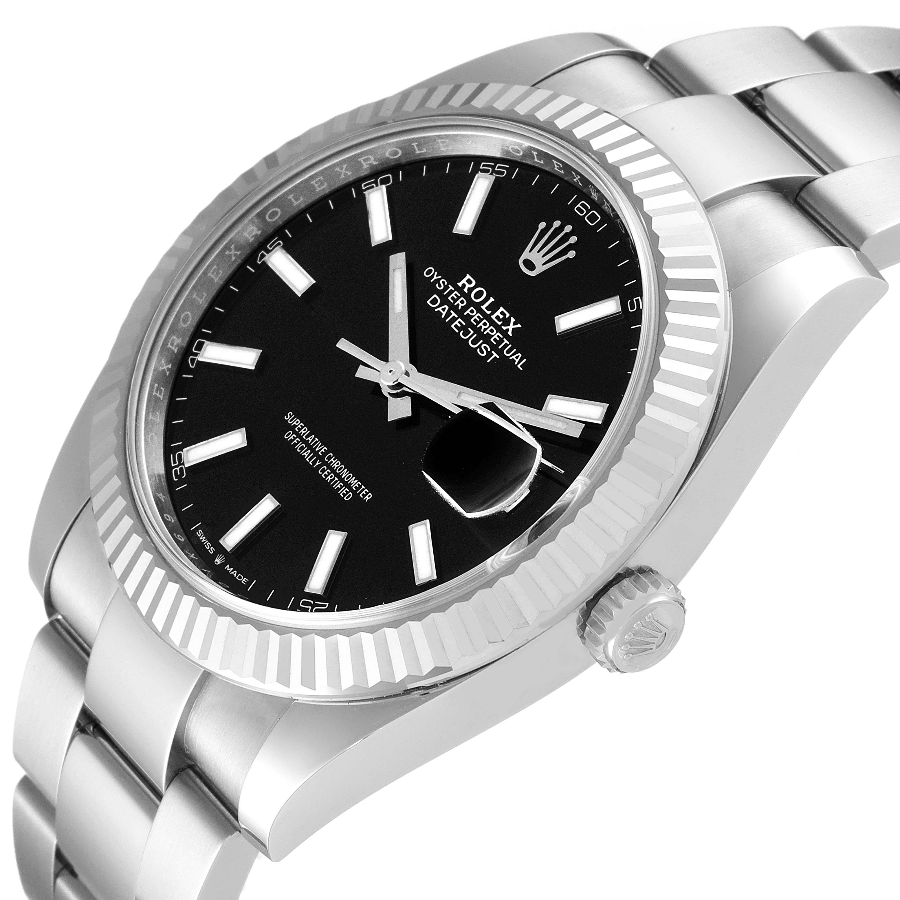 The image shows a Rolex Datejust 41 126334 Men
s Stainless Steel Black Dial 126334 Men
s Stainless Steel Black Dial watch at an angled view, highlighting its black dial, fluted bezel, and Oyster bracelet.
