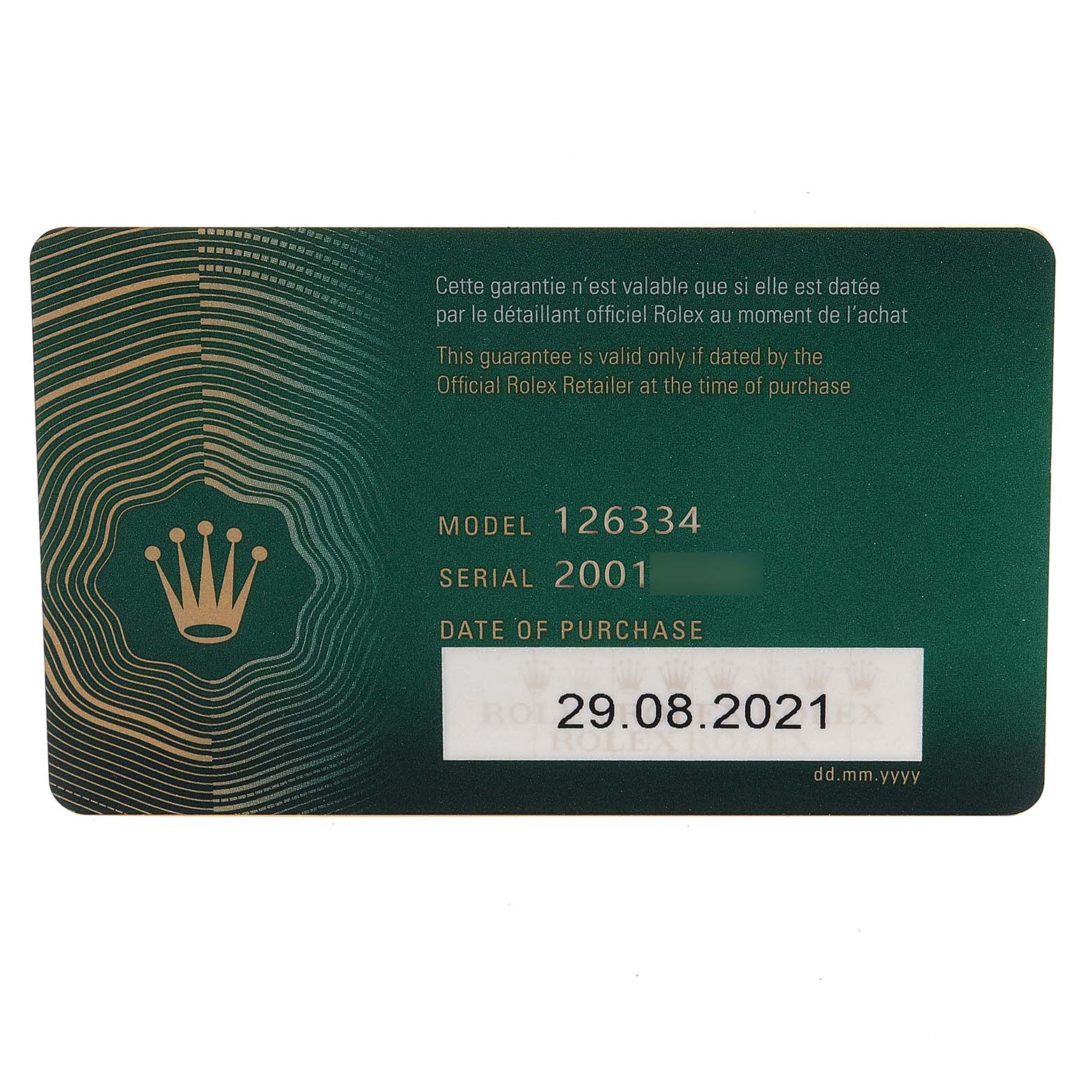This image shows the warranty card for the Rolex Datejust 41 126334 Men
s Stainless Steel Black Dial 126334 Men
s Stainless Steel Black Dial model, highlighting model number 126334 and purchase date 29.08.2021.