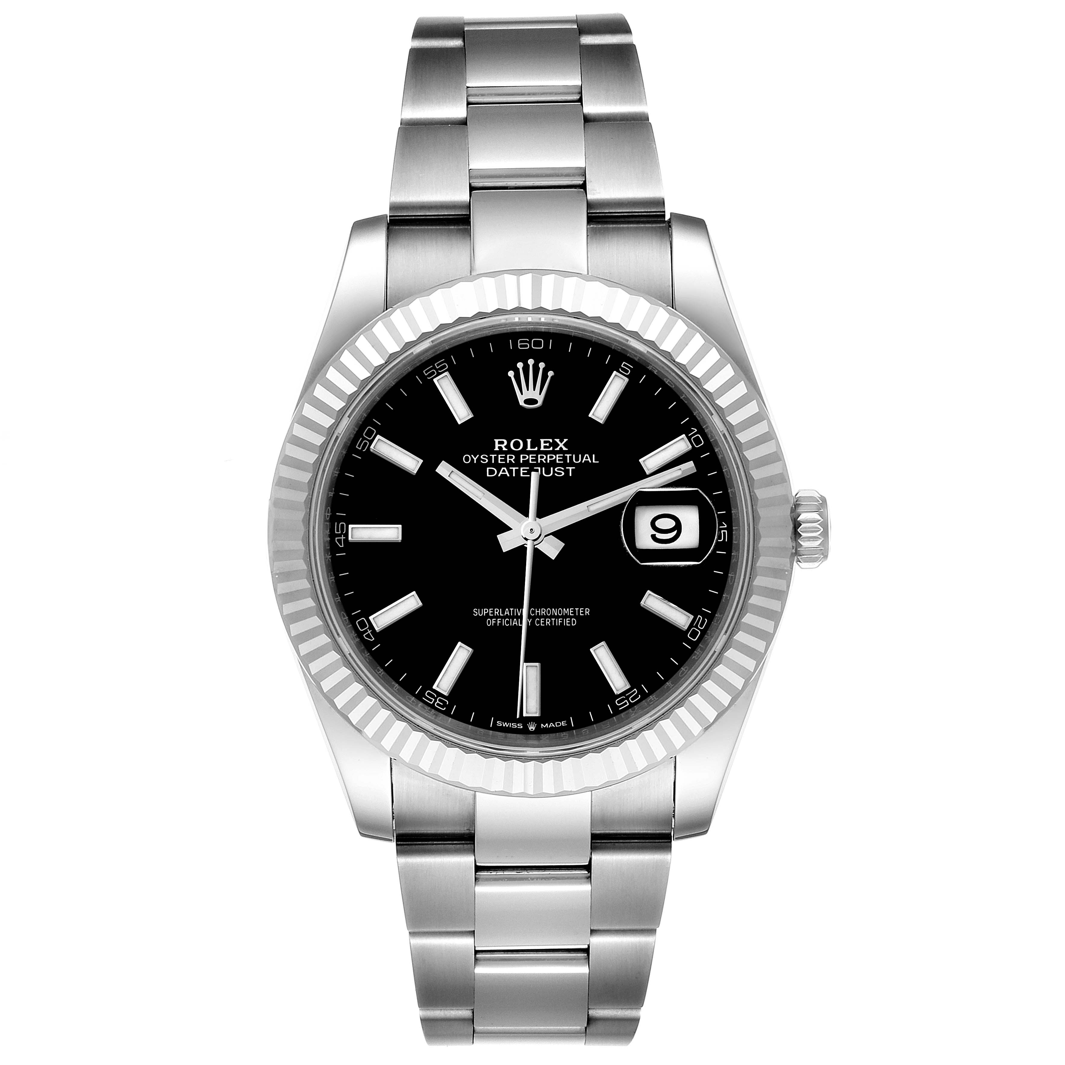 The image shows a frontal view of a Rolex Datejust 41 126334 Men
s Stainless Steel Black Dial 126334 Men
s Stainless Steel Black Dial, displaying the black dial, fluted bezel, and stainless steel bracelet.
