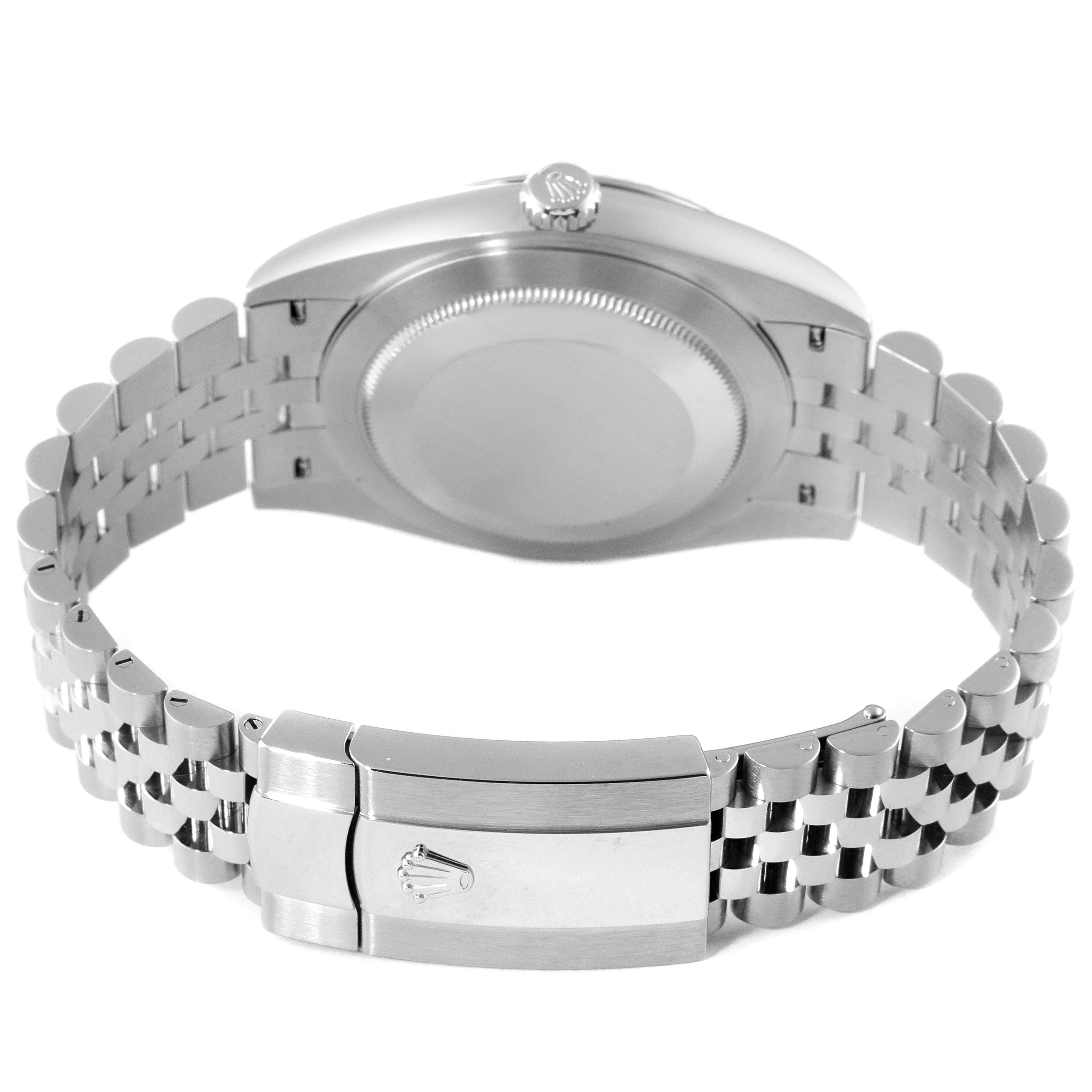 The image shows the back of a Rolex Datejust 41 126334 Men
s Stainless Steel Blue Dial 126334 Men
s Stainless Steel Blue Dial watch, highlighting its bracelet and clasp.