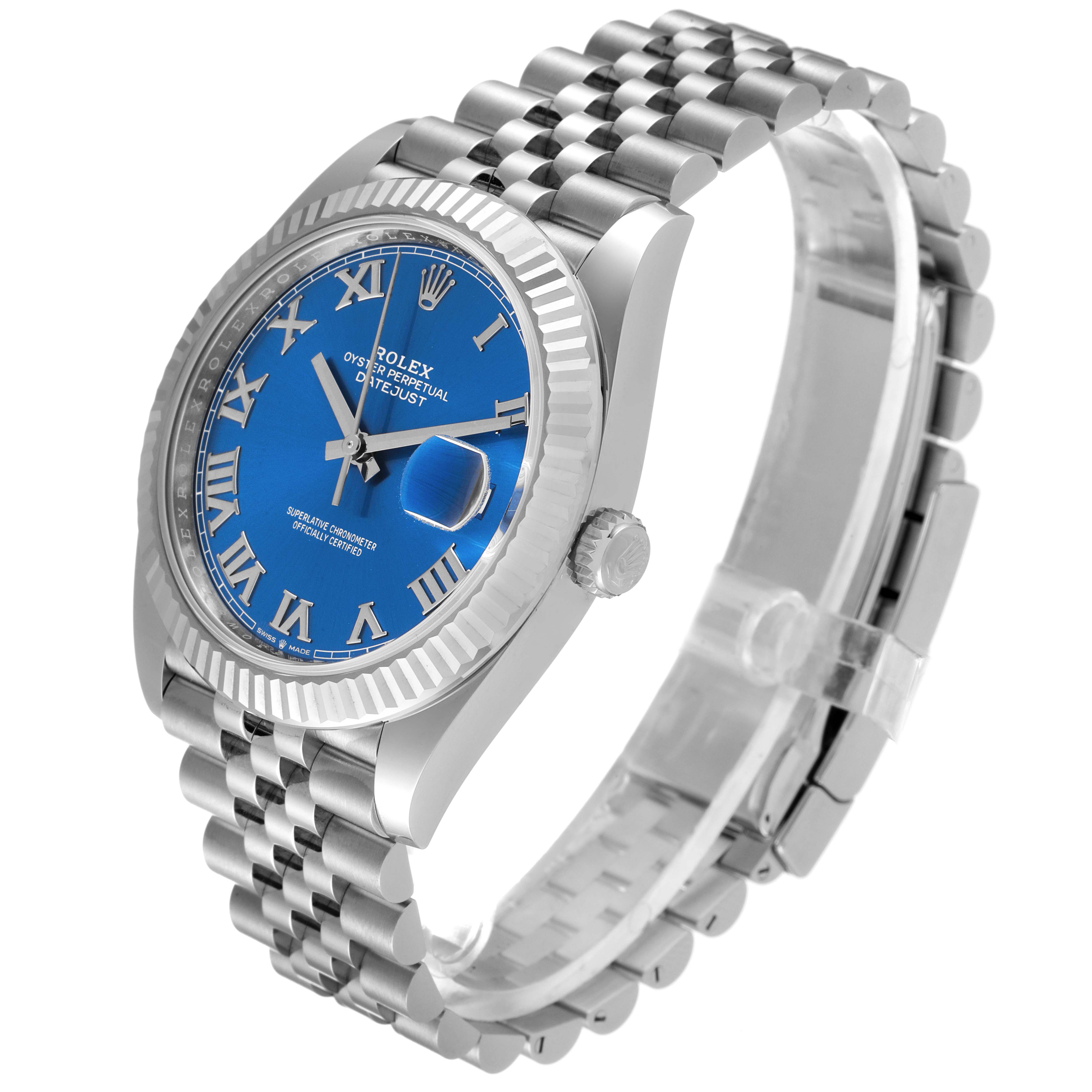 This Rolex Datejust 41 126334 Men
s Stainless Steel Blue Dial 126334 Men
s Stainless Steel Blue Dial watch is shown at an angled side view, highlighting its blue dial and Jubilee bracelet.