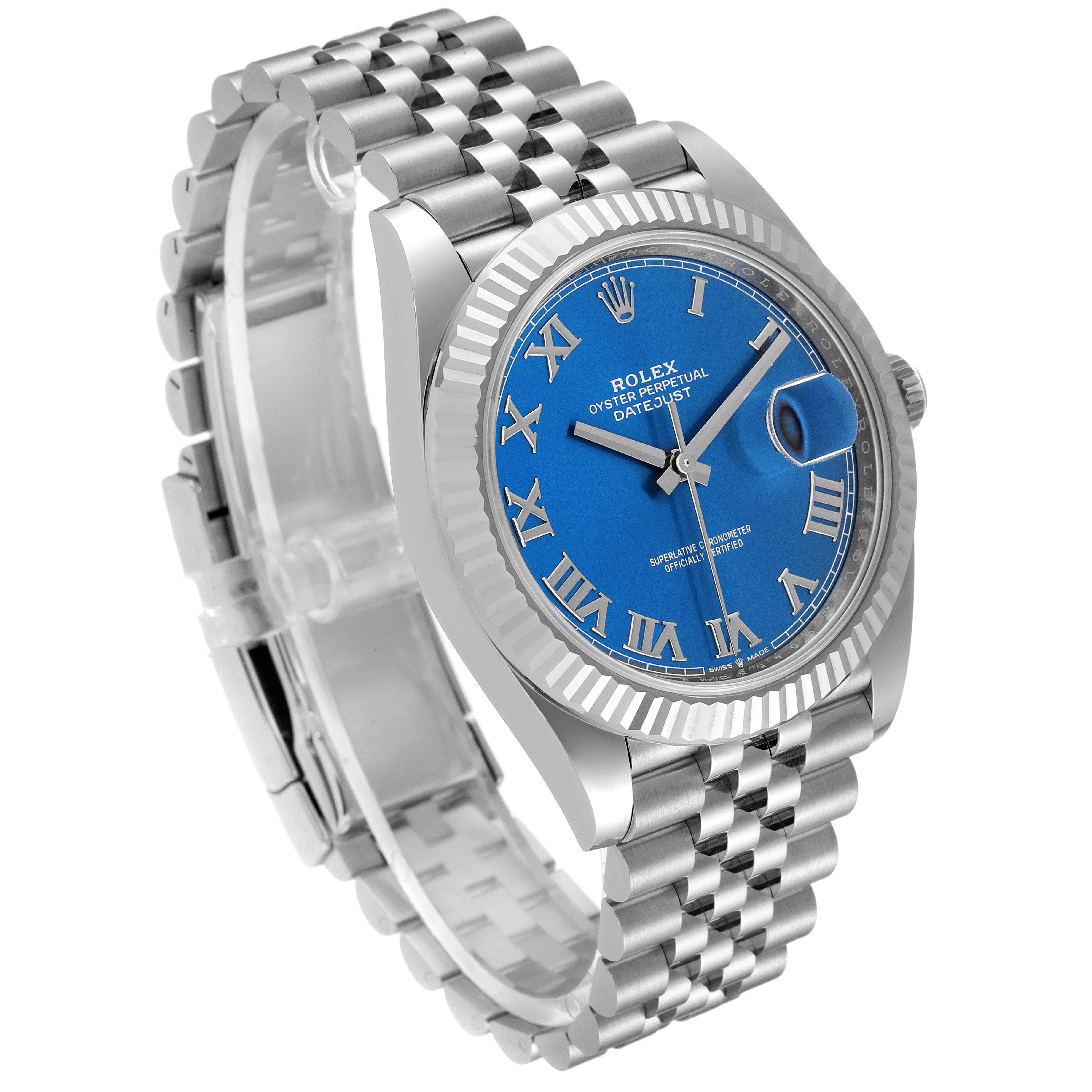 The image shows the Rolex Datejust 41 126334 Men
s Stainless Steel Blue Dial 126334 Men
s Stainless Steel Blue Dial watch at an angle, highlighting its blue dial, fluted bezel, and Jubilee bracelet.