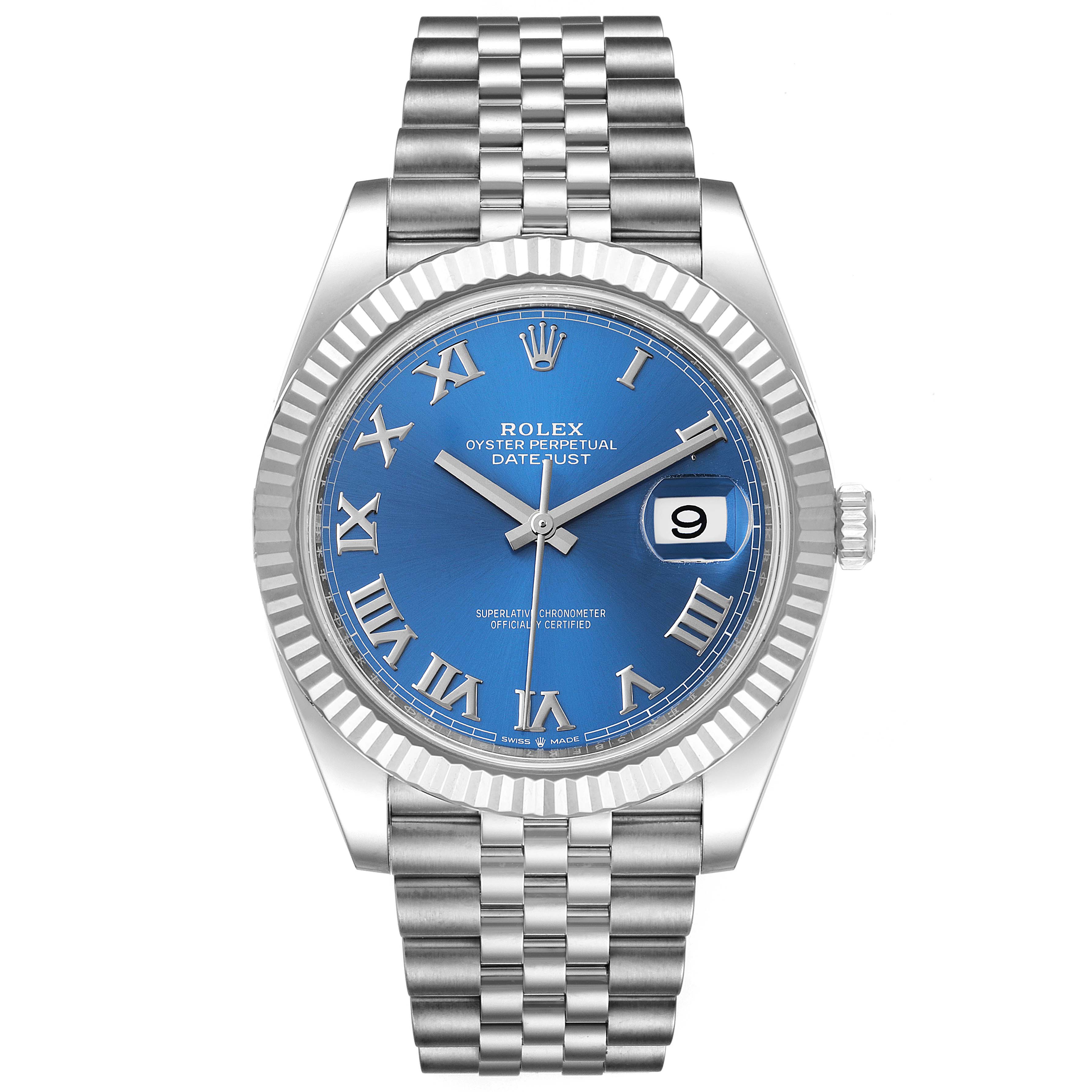 This is a front view of the Rolex Datejust 41 126334 Men
s Stainless Steel Blue Dial 126334 Men
s Stainless Steel Blue Dial watch, showing the blue dial, Roman numerals, date window, fluted bezel, and Jubilee bracelet.