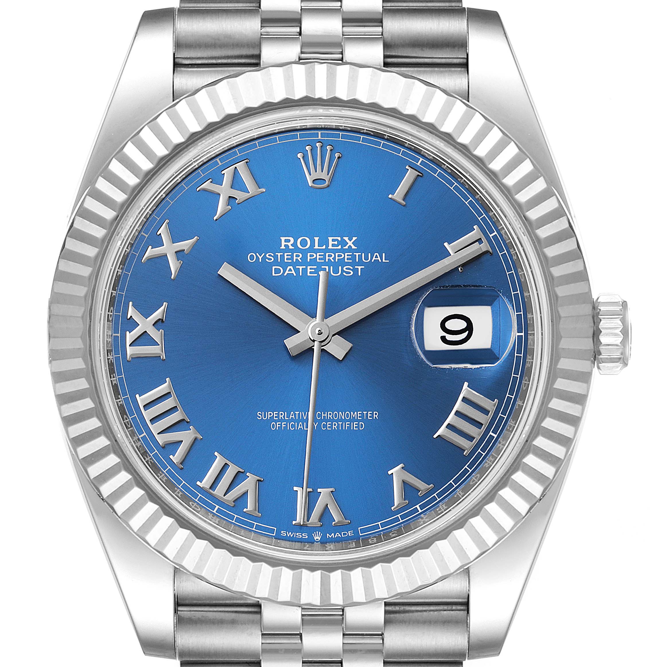 The image shows a front view of a Rolex Datejust 41 126334 Men
s Stainless Steel Blue Dial 126334 Men
s Stainless Steel Blue Dial watch, featuring a blue dial, Roman numerals, and a date window at 3 o
clock.