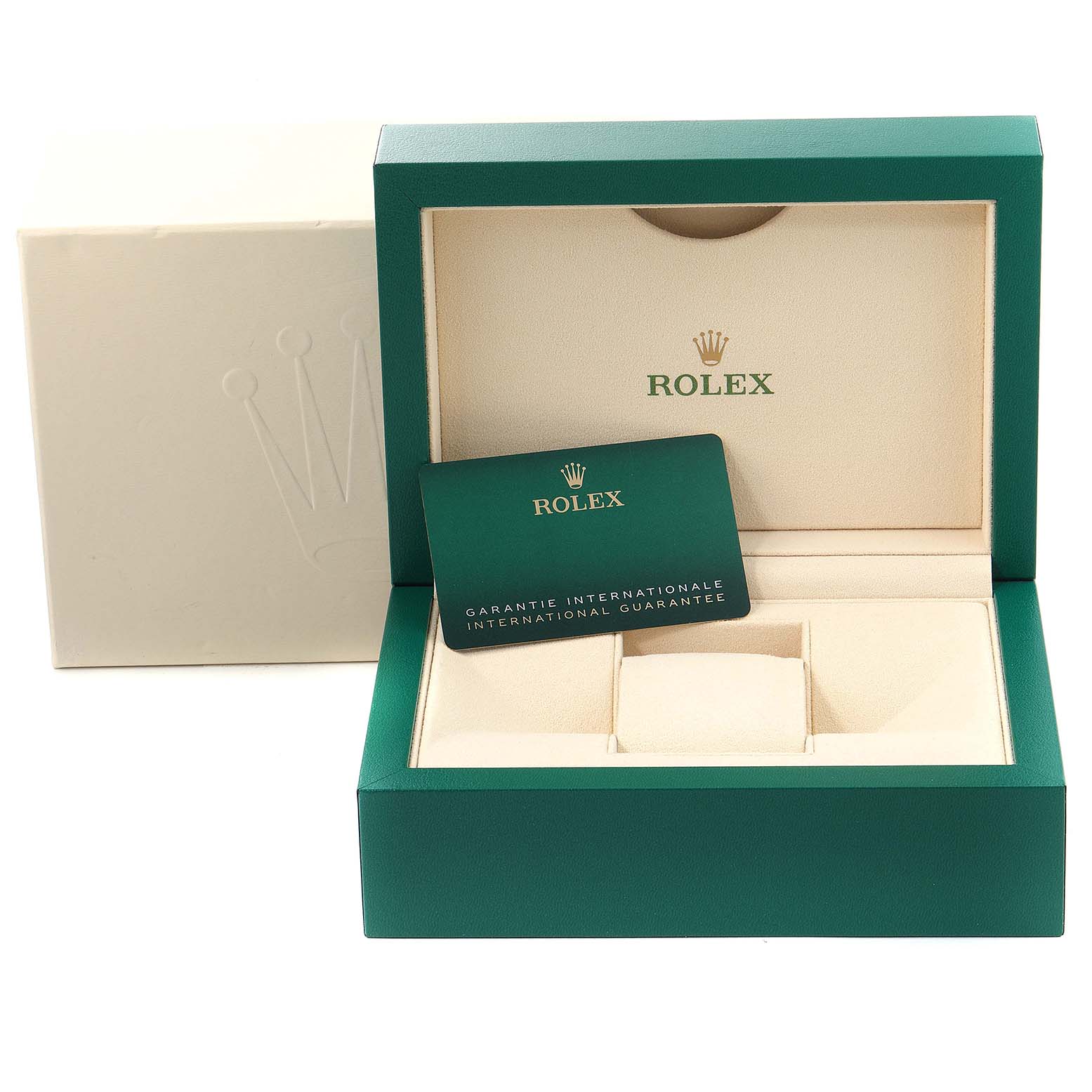The image shows the open box and warranty card of a Rolex Datejust 41 126334 Men
s Stainless Steel Blue Dial 126334 Men
s Stainless Steel Blue Dial watch, with visible compartments and Rolex branding.