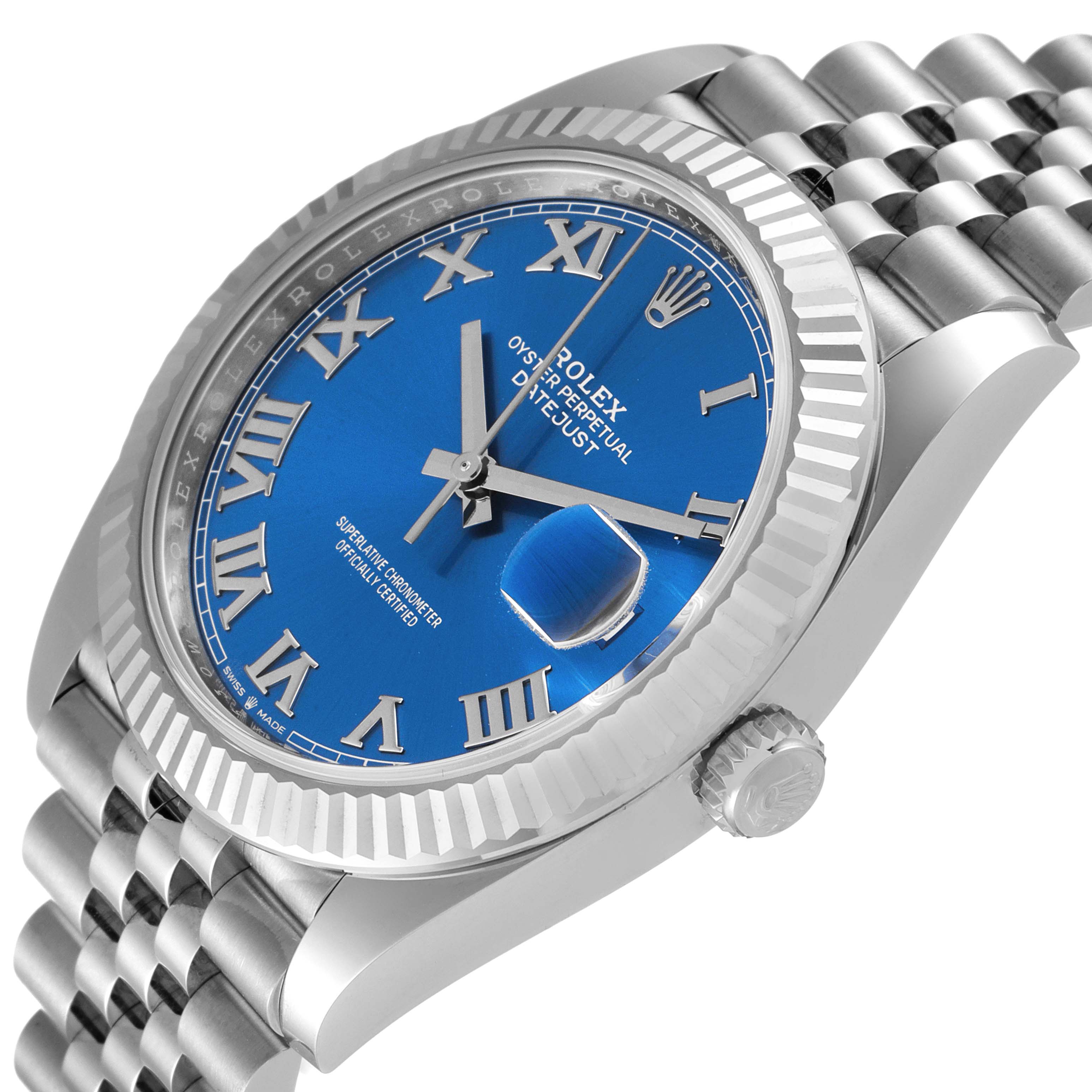 The image shows a side-angle view of a Rolex Datejust 41 126334 Men
s Stainless Steel Blue Dial 126334 Men
s Stainless Steel Blue Dial watch, highlighting its blue dial, fluted bezel, and jubilee bracelet.
