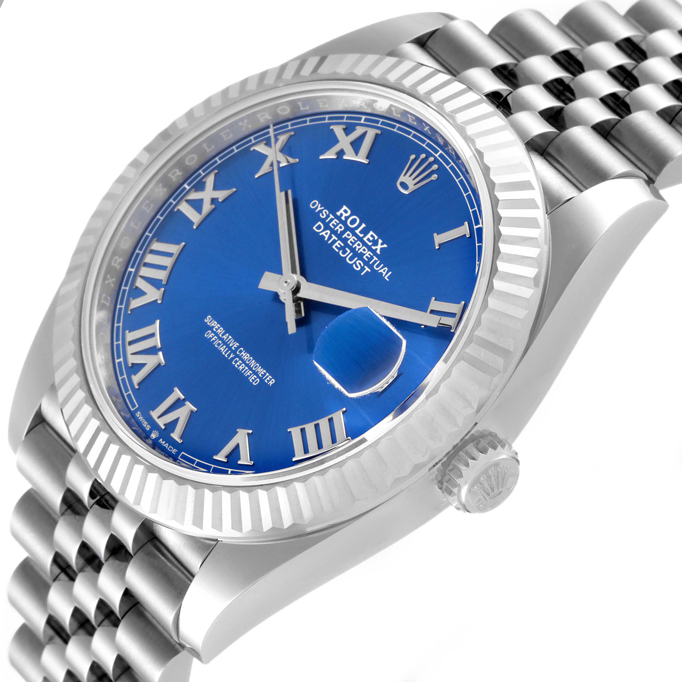 The image shows a slight angled view of the Rolex Datejust 41 126334 Men
s Stainless Steel Blue Dial 126334 Men
s Stainless Steel Blue Dial watch, highlighting the blue dial, Roman numerals, fluted bezel, and Jubilee bracelet.