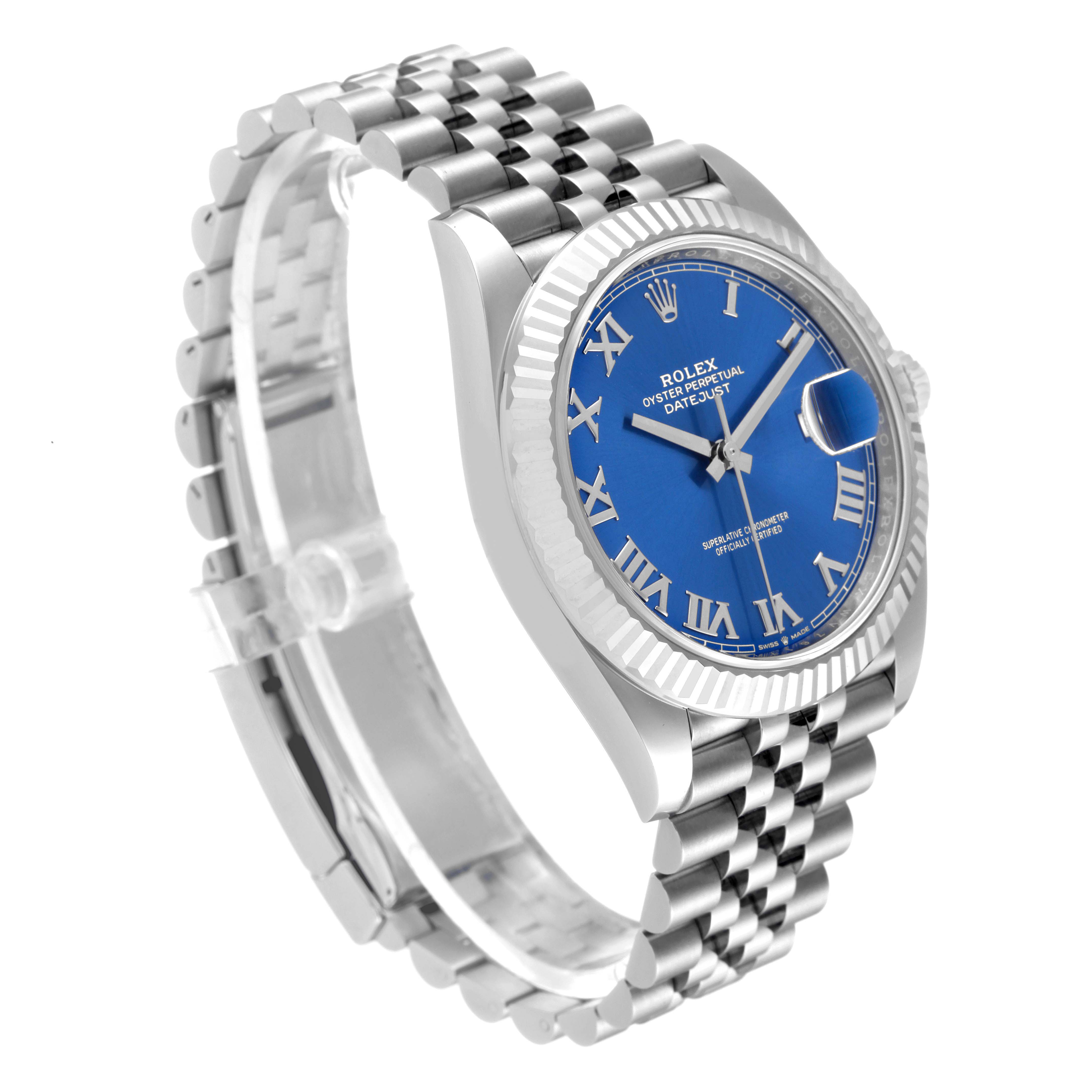 The image shows a Rolex Datejust 41 126334 Men
s Stainless Steel Blue Dial 126334 Men
s Stainless Steel Blue Dial watch from an angled side view, displaying the face, bezel, and metal bracelet.
