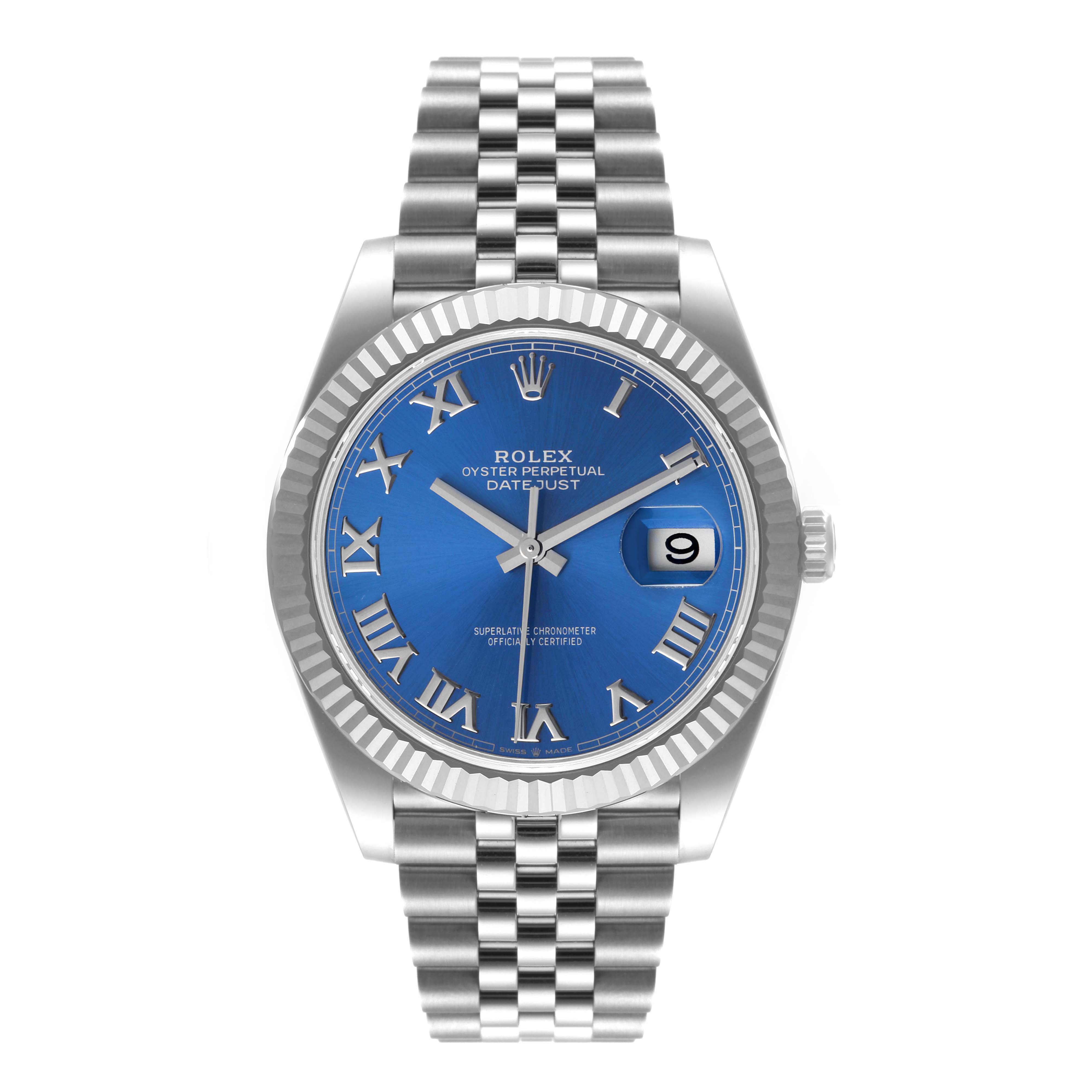 The image shows a front view of the Rolex Datejust 41 126334 Men
s Stainless Steel Blue Dial 126334 Men
s Stainless Steel Blue Dial watch, featuring a blue dial with Roman numerals and a Jubilee bracelet.