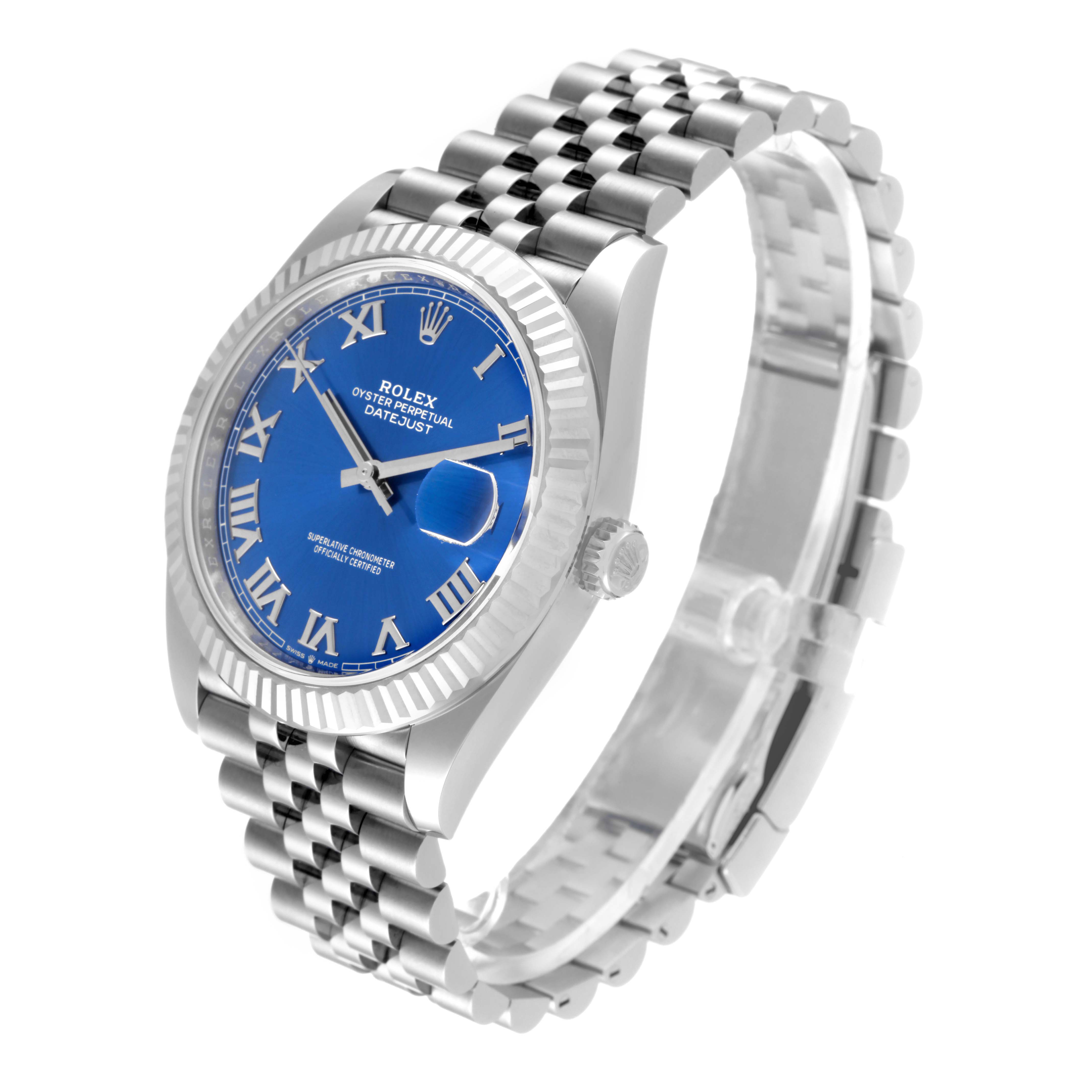 The Rolex Datejust 41 126334 Men
s Stainless Steel Blue Dial 126334 Men
s Stainless Steel Blue Dial watch is shown at an angle, displaying the dial, bezel, crown, and bracelet.