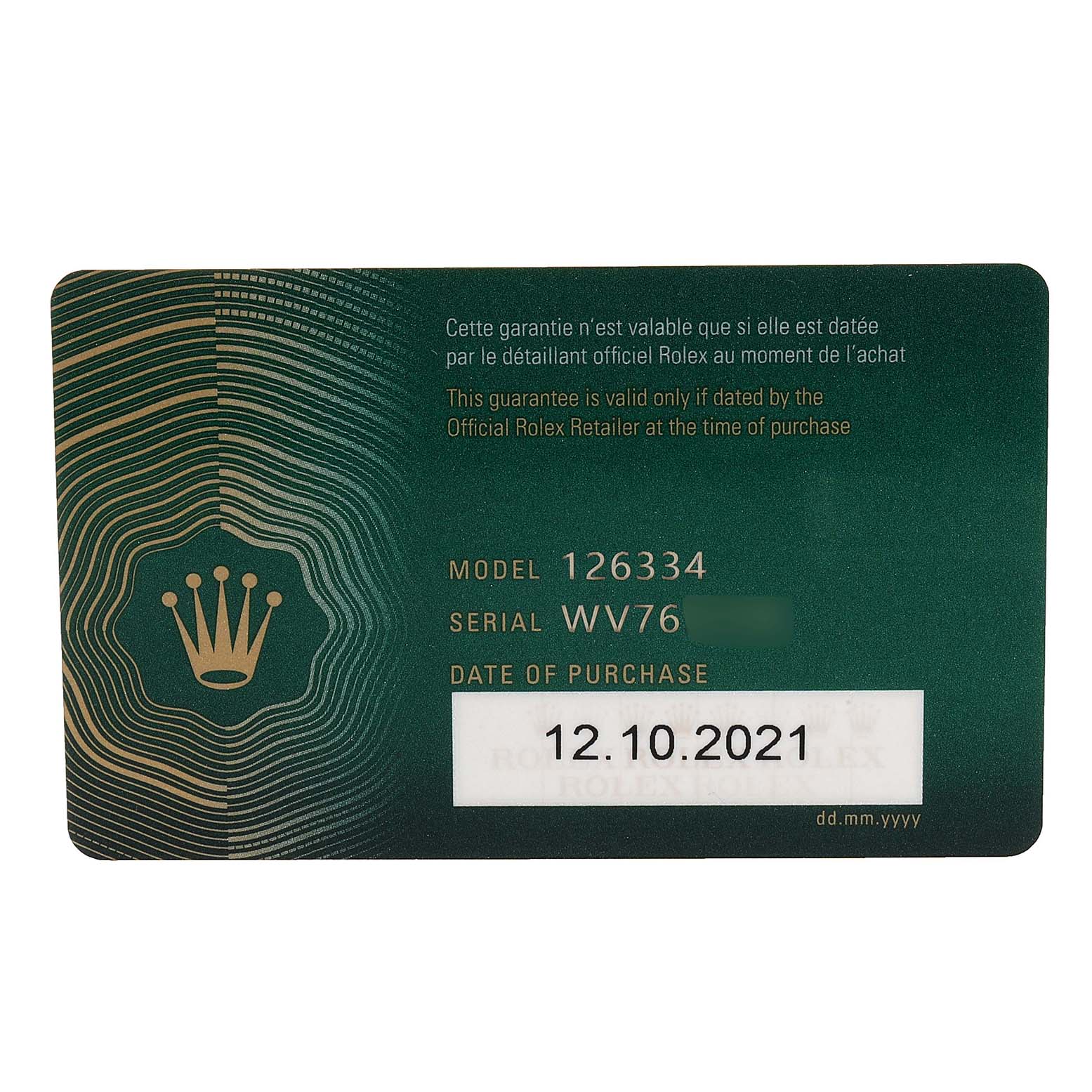 This is the warranty card for a Rolex Datejust 41 126334 Men
s Stainless Steel Blue Dial 126334 Men
s Stainless Steel Blue Dial, showing the model number, serial number, and date of purchase.