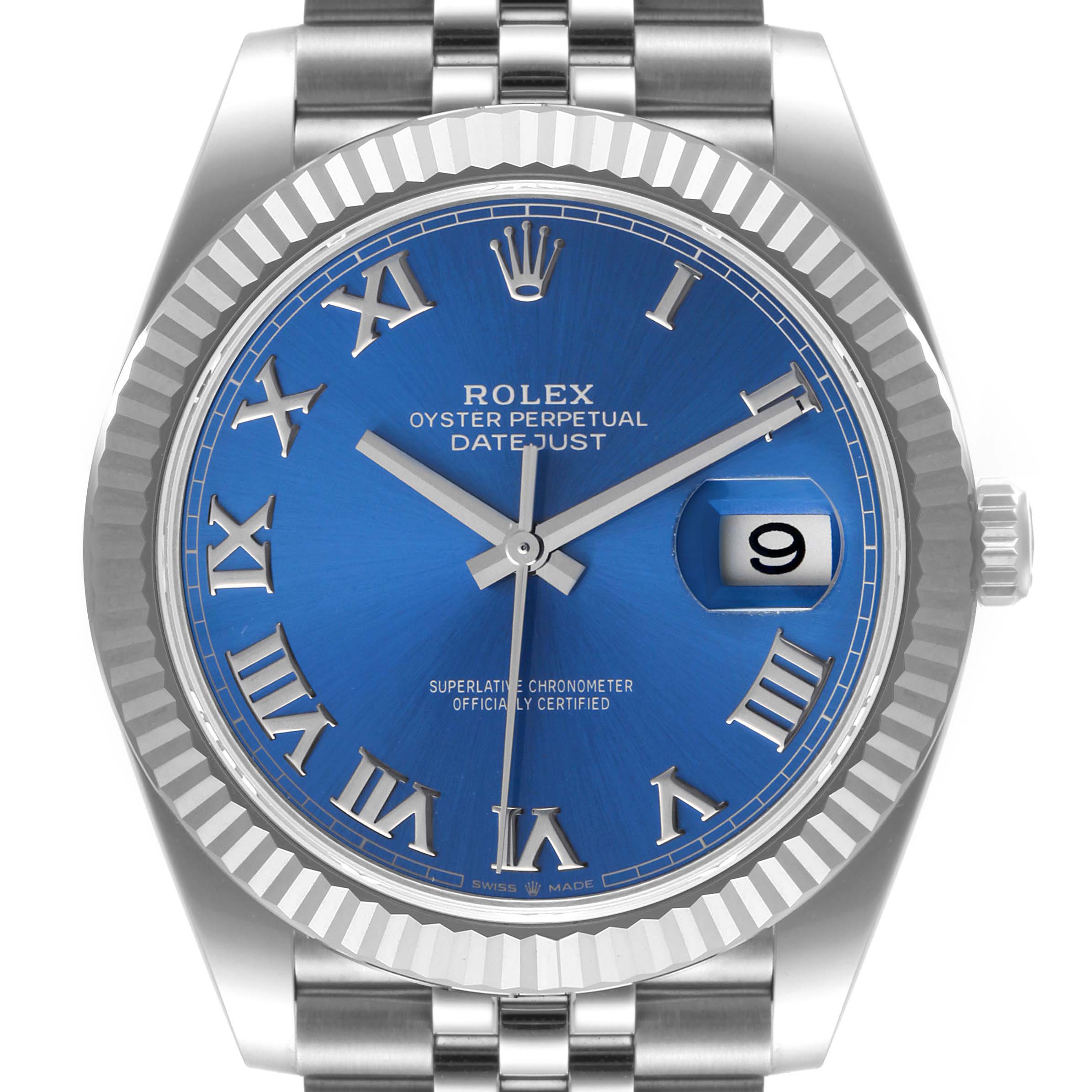 This is a frontal view of the Rolex Datejust 41 126334 Men
s Stainless Steel Blue Dial 126334 Men
s Stainless Steel Blue Dial, showing the blue dial, roman numerals, fluted bezel, and jubilee bracelet.