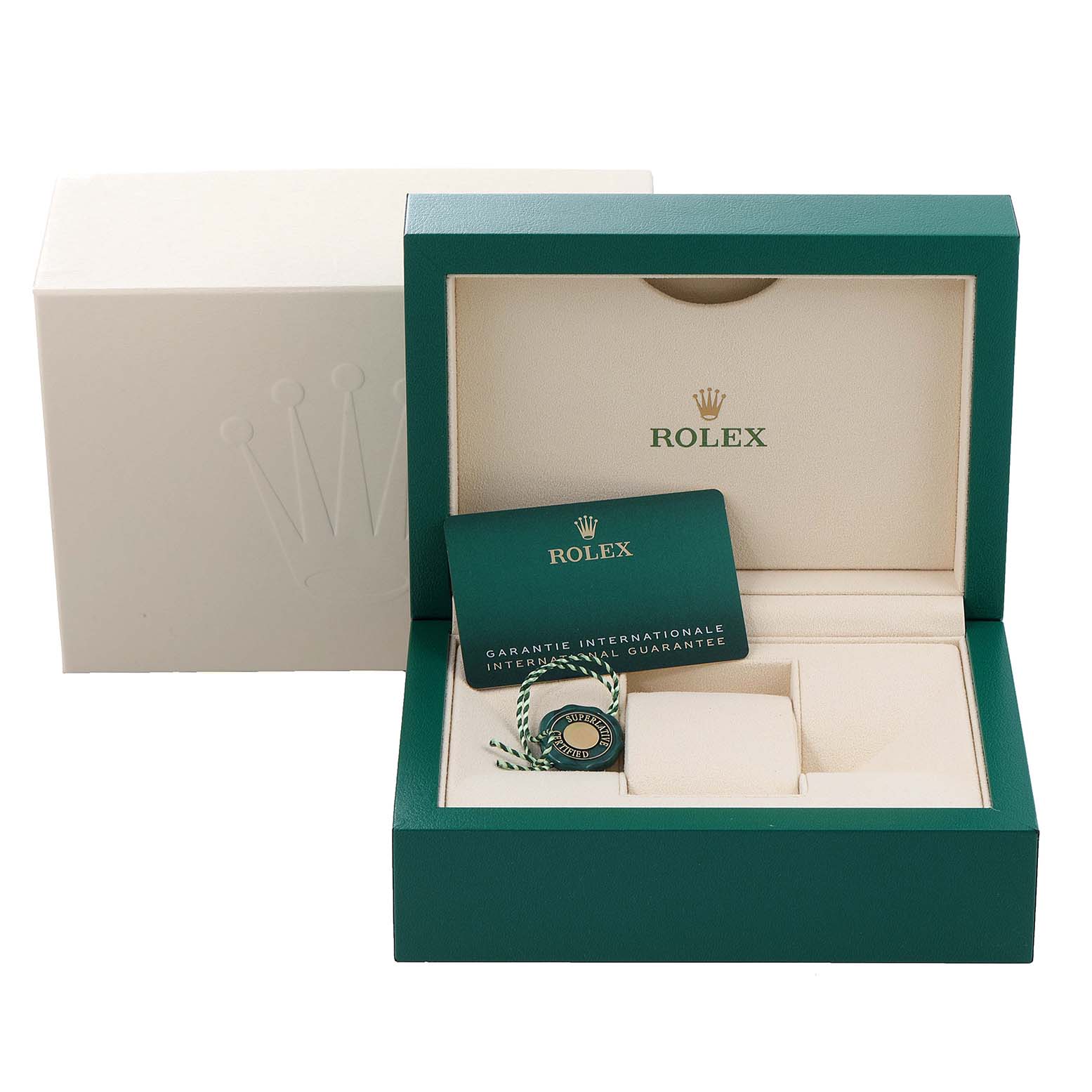 The image displays the open packaging box and documents for a Rolex Datejust 41 126334 Men
s Stainless Steel Blue Dial 126334 Men
s Stainless Steel Blue Dial model, highlighting the warranty card and accessories.