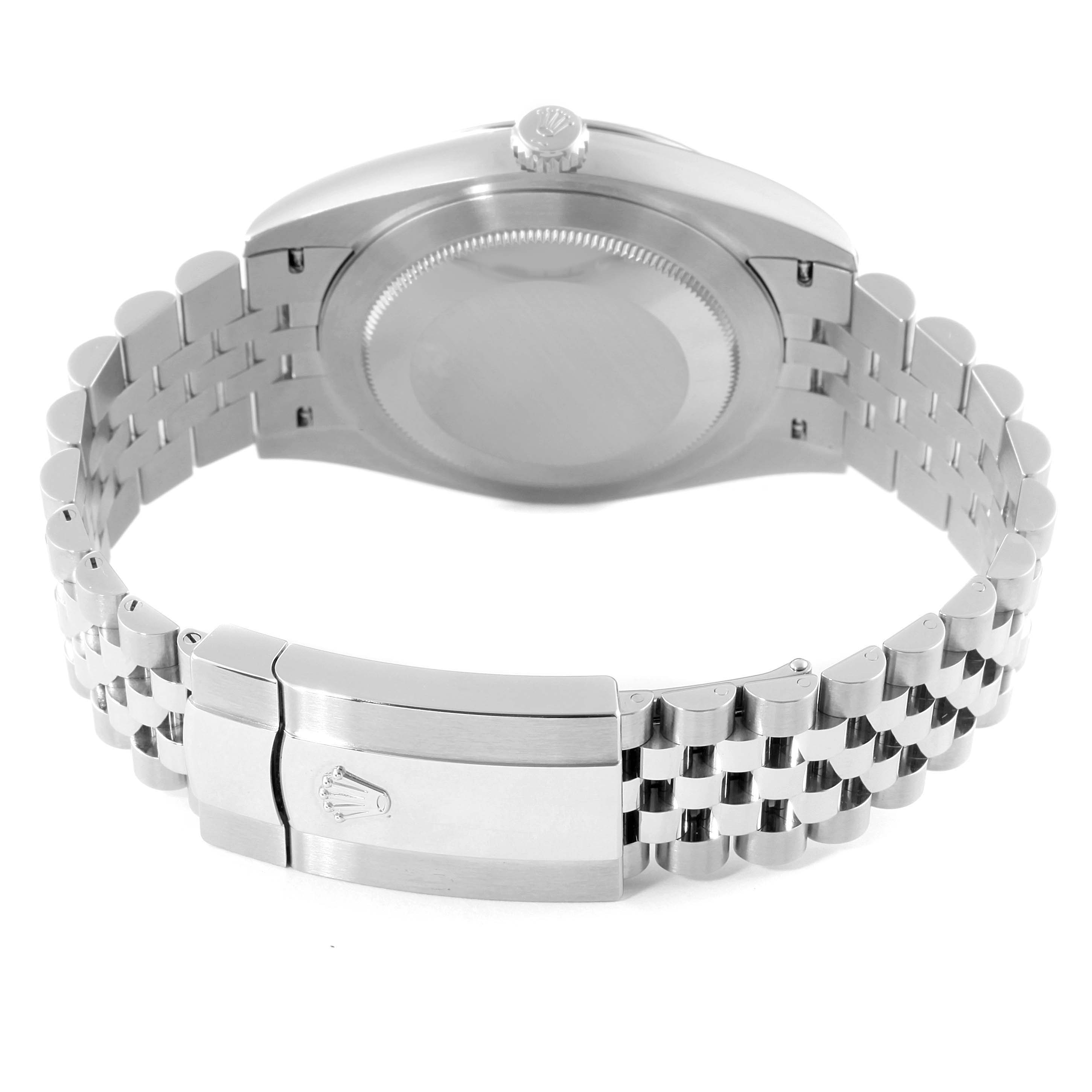 This image shows the back view of the Rolex Datejust 41 126334 Men
s Stainless Steel Blue Dial 126334 Men
s Stainless Steel Blue Dial model, highlighting the case back, crown, and clasp of the bracelet.