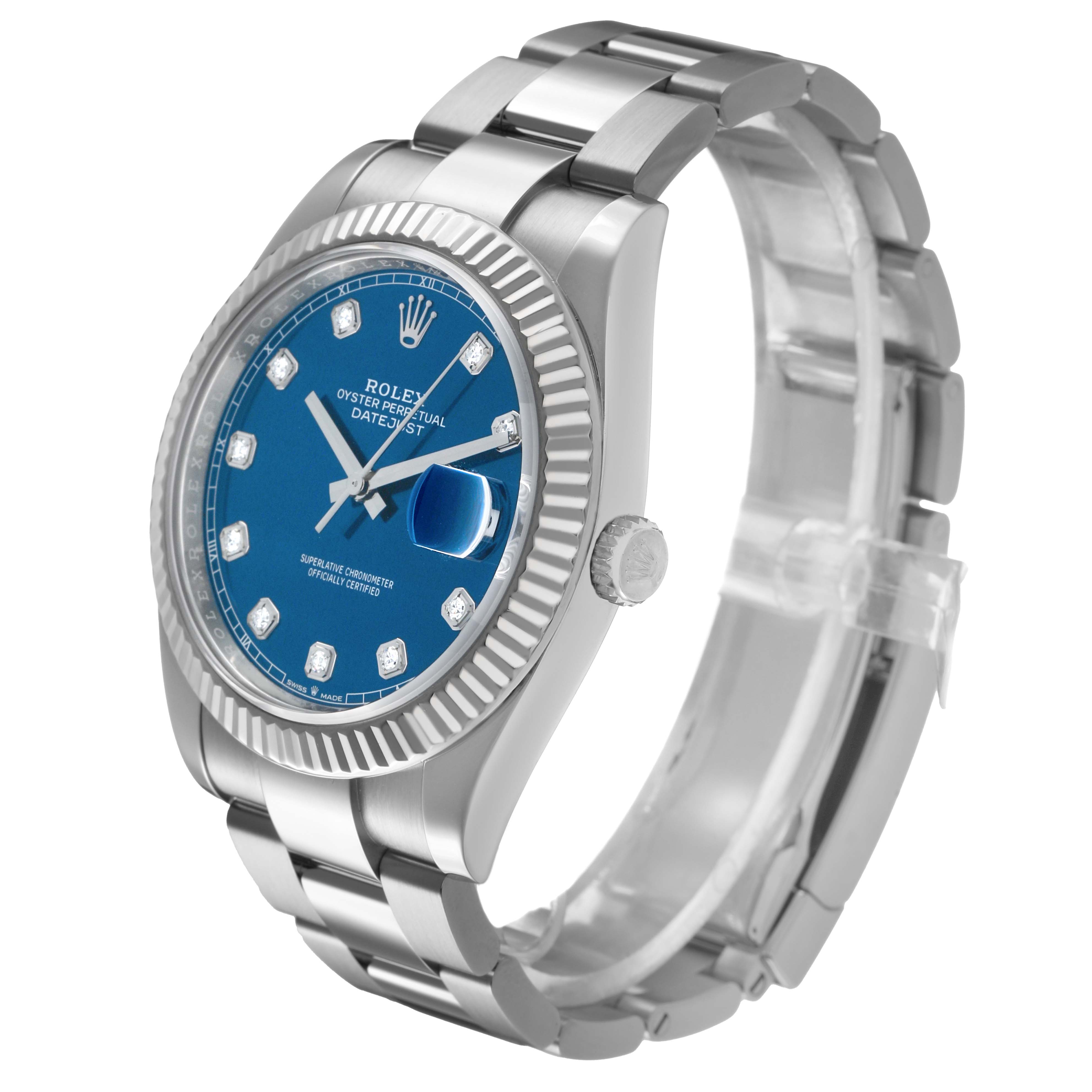 The Rolex Datejust 41 126334 Men's Stainless Steel Blue Dial is shown at a slight angle, highlighting the face, bezel, and metal bracelet.