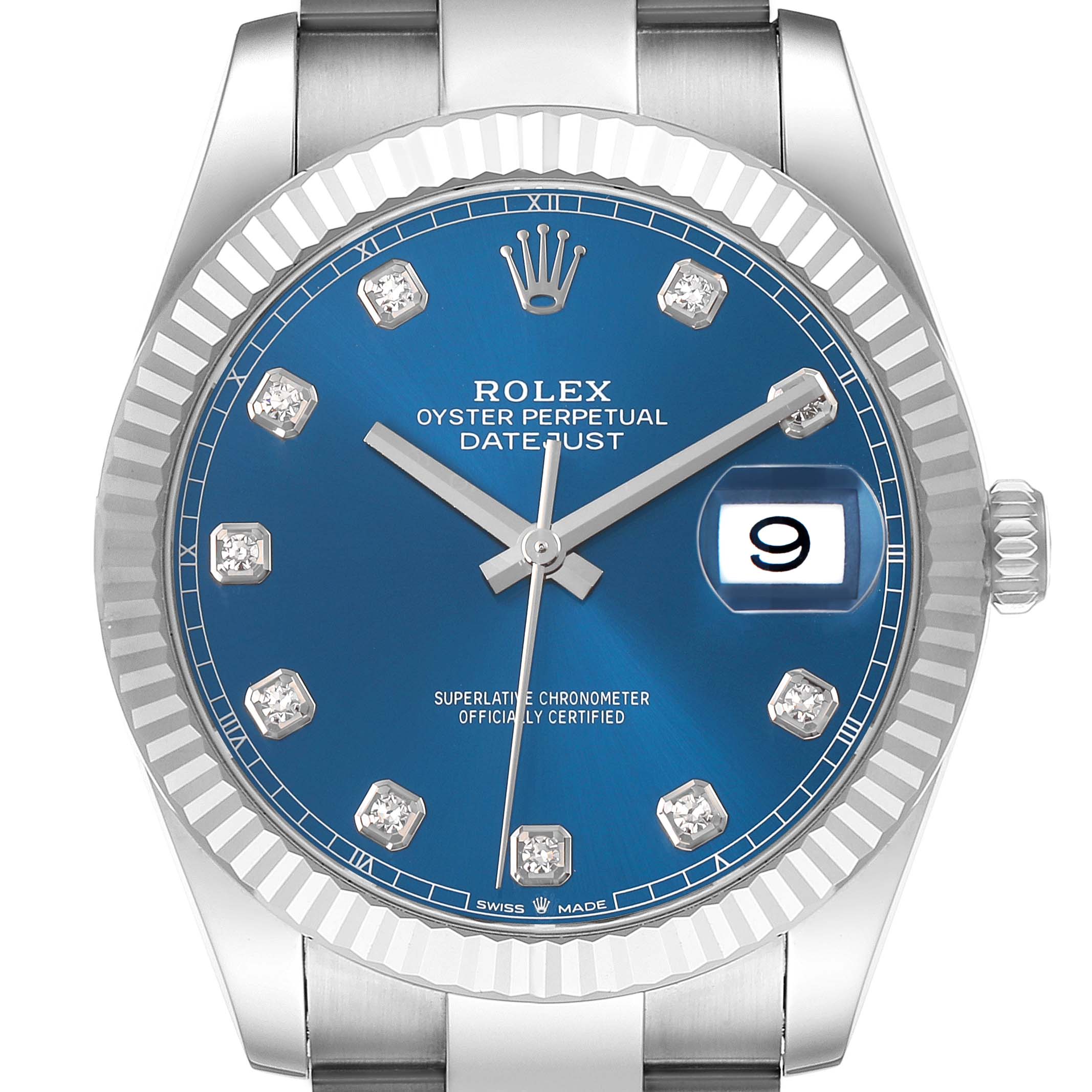 The Rolex Datejust 41 126334 Men's Stainless Steel Blue Dial is shown from a top-down angle, highlighting its blue dial, fluted bezel, diamond hour markers, and cyclops lens over the date.