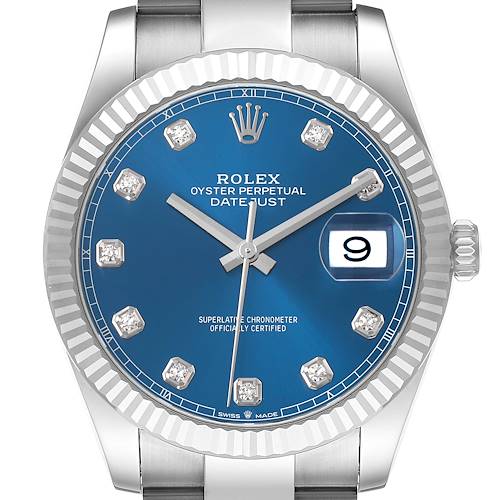 The image shows a front view of the Rolex Datejust 41 126334 Men's Stainless Steel Blue Dial, highlighting its blue dial, diamond hour markers, fluted bezel, and date window.